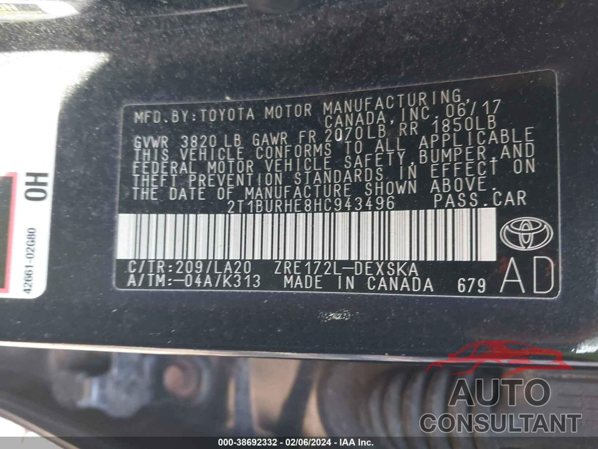 TOYOTA COROLLA 2017 - 2T1BURHE8HC943496