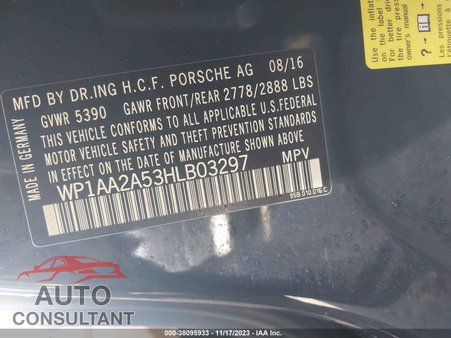 PORSCHE MACAN 2017 - WP1AA2A53HLB03297