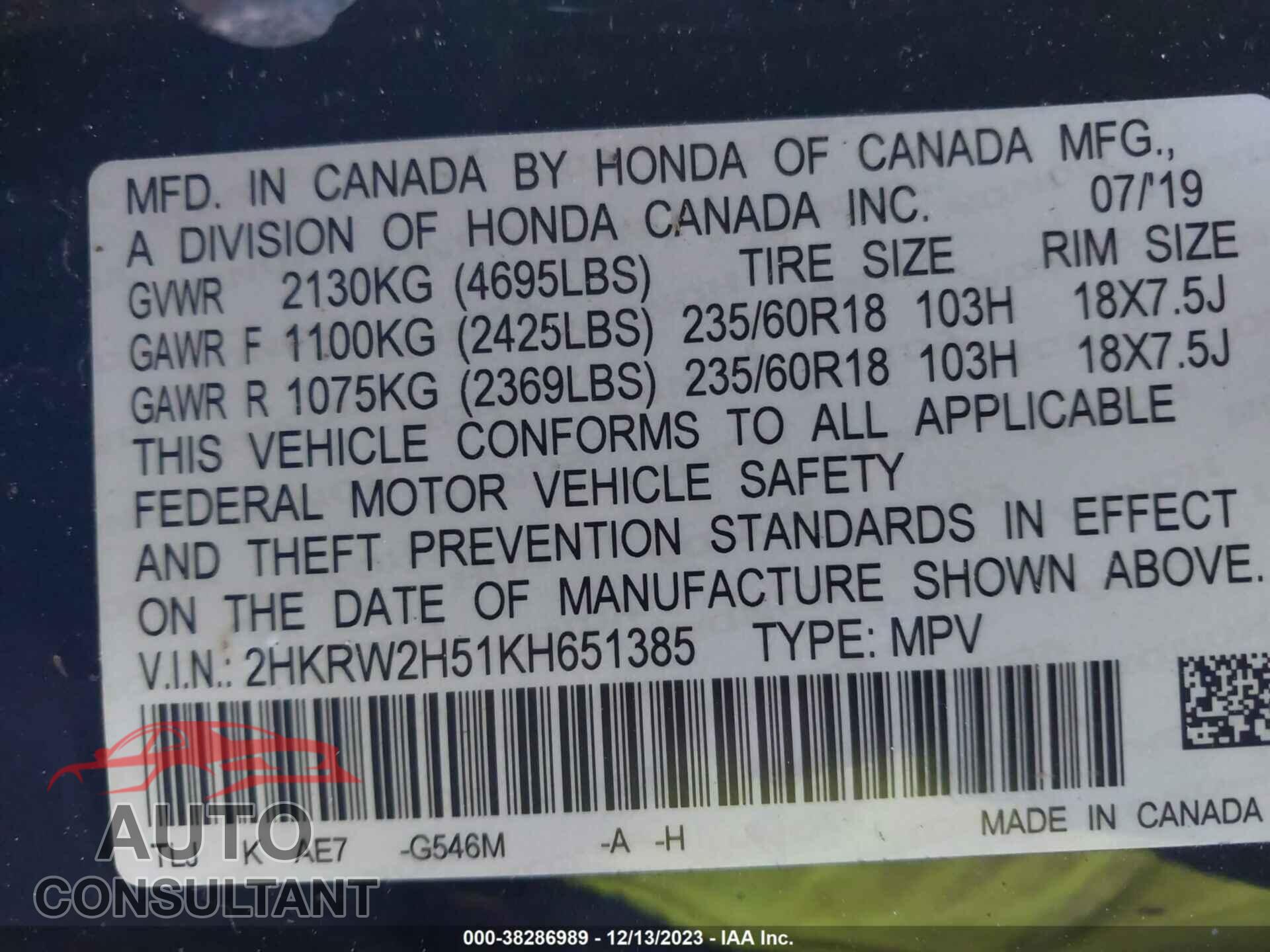 HONDA CR-V 2019 - 2HKRW2H51KH651385