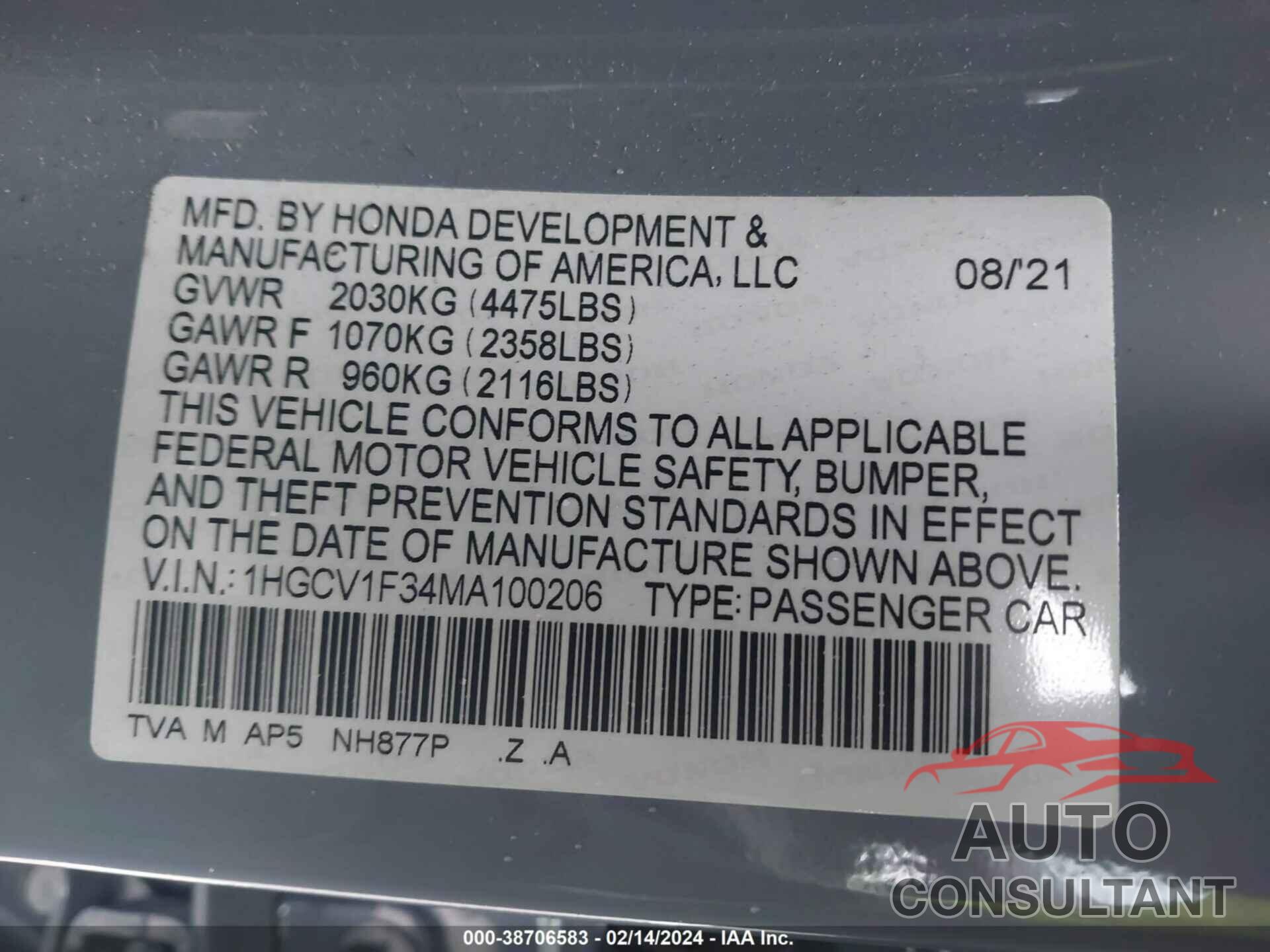 HONDA ACCORD 2021 - 1HGCV1F34MA100206