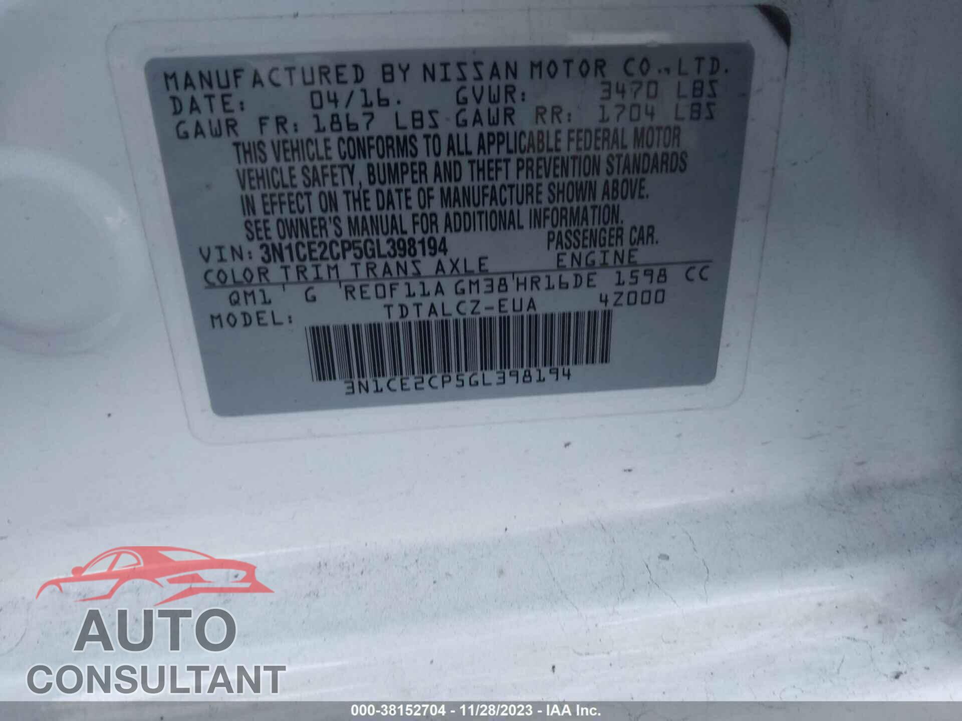 NISSAN VERSA NOTE 2016 - 3N1CE2CP5GL398194