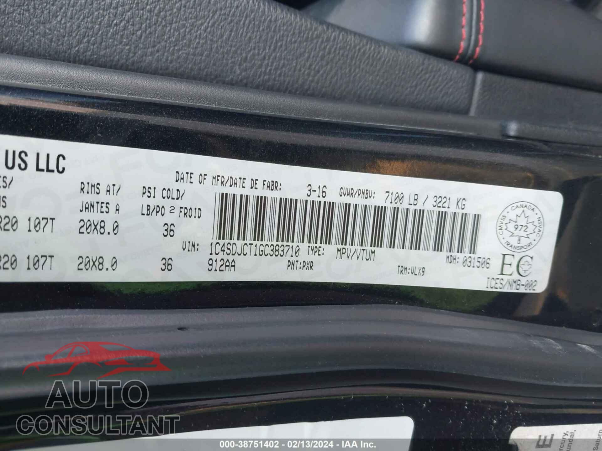 DODGE DURANGO 2016 - 1C4SDJCT1GC383710