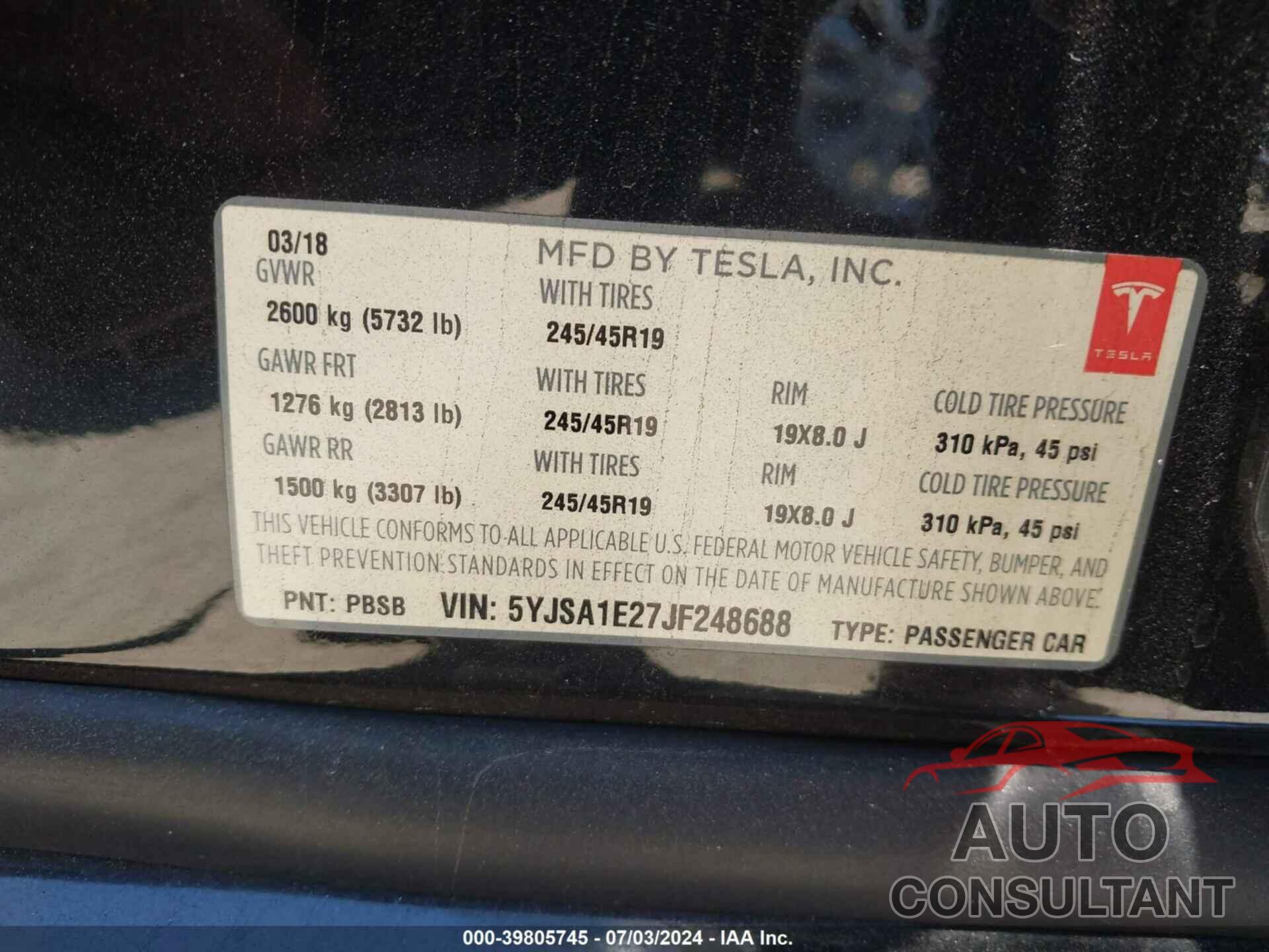 TESLA MODEL S 2018 - 5YJSA1E27JF248688
