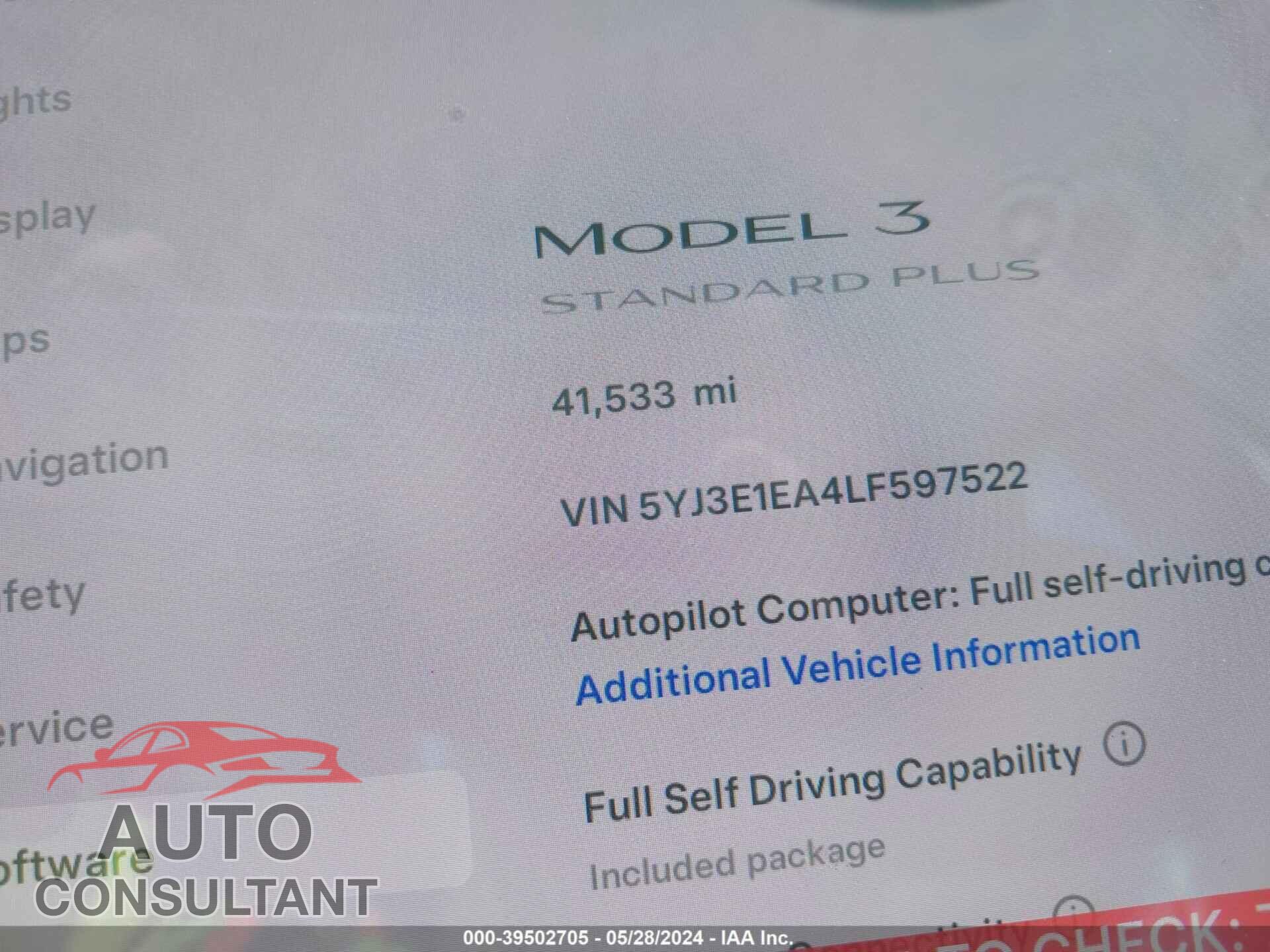 TESLA MODEL 3 2020 - 5YJ3E1EA4LF597522