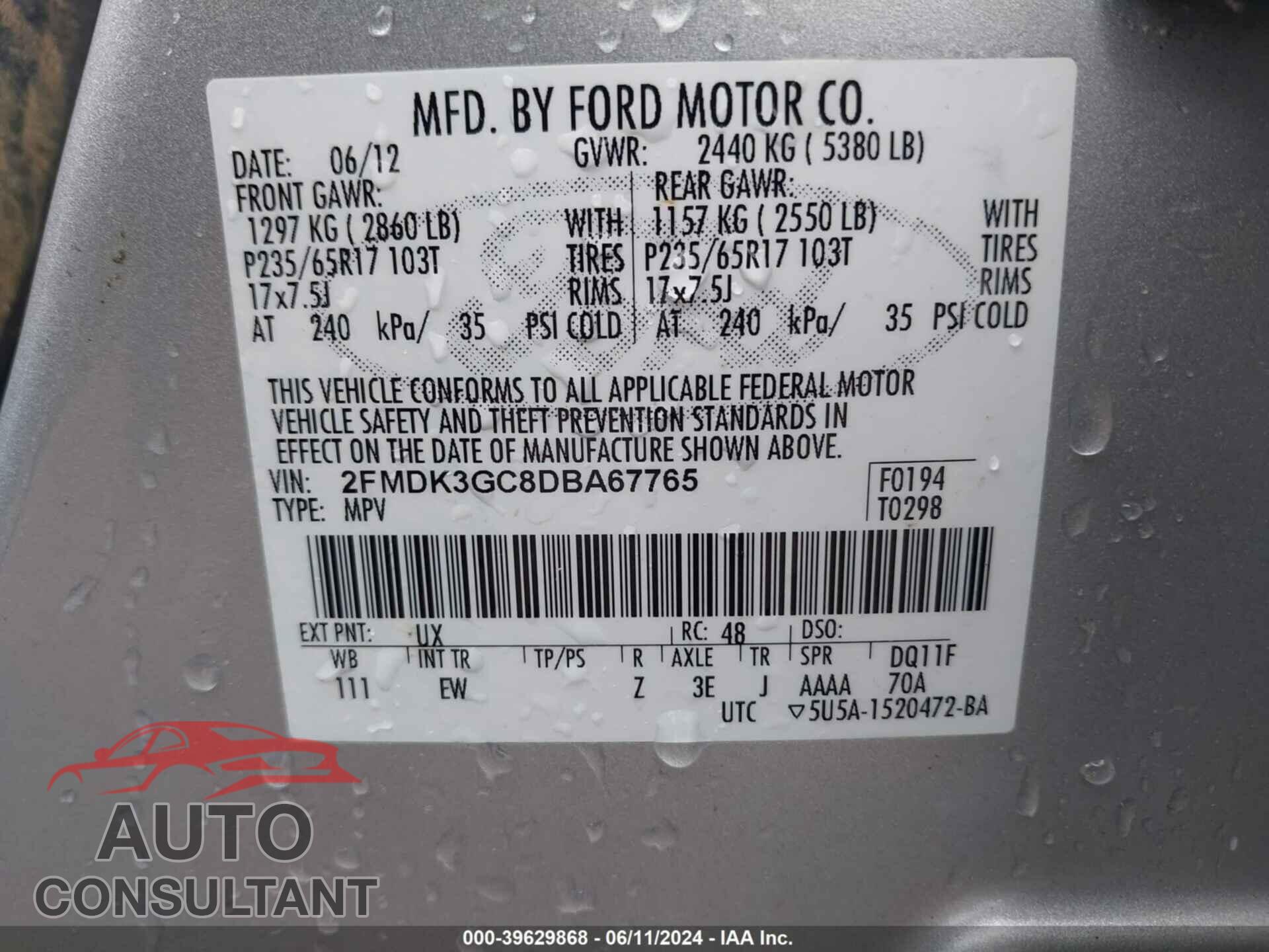 FORD EDGE 2013 - 2FMDK3GC8DBA67765