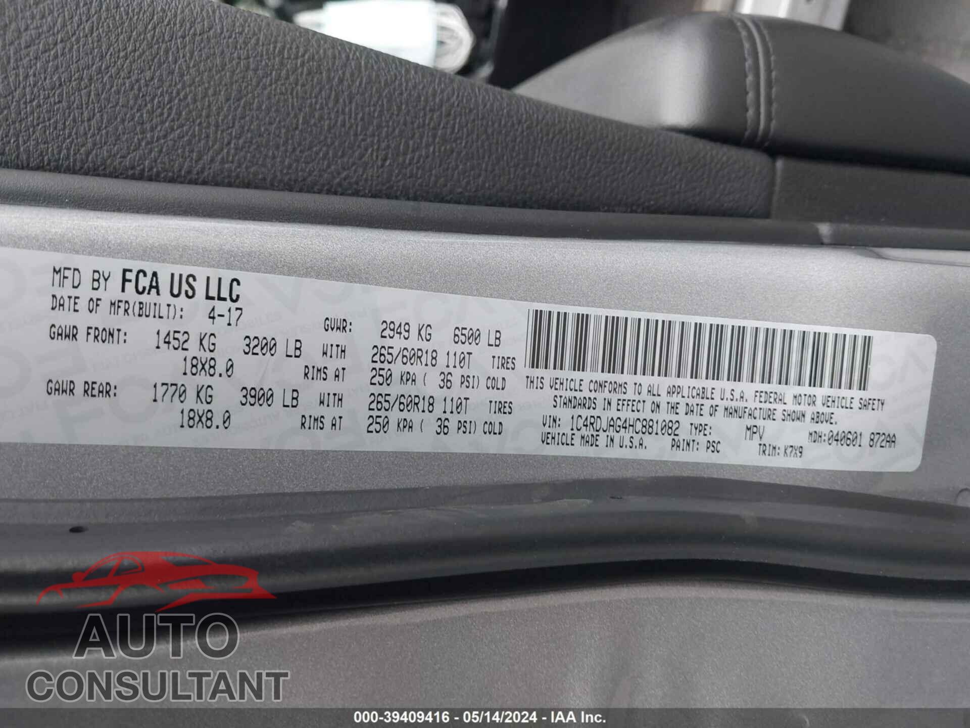 DODGE DURANGO 2017 - 1C4RDJAG4HC881082