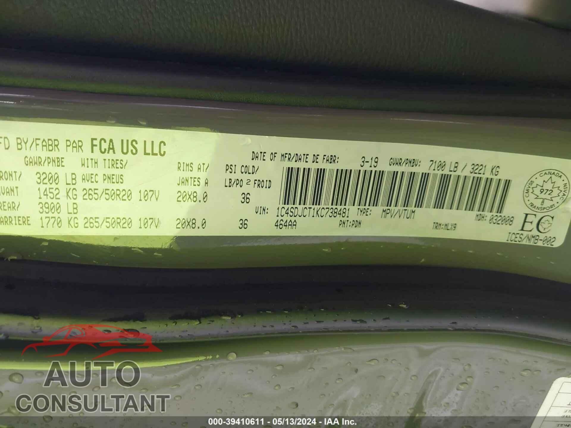 DODGE DURANGO 2019 - 1C4SDJCT1KC738481