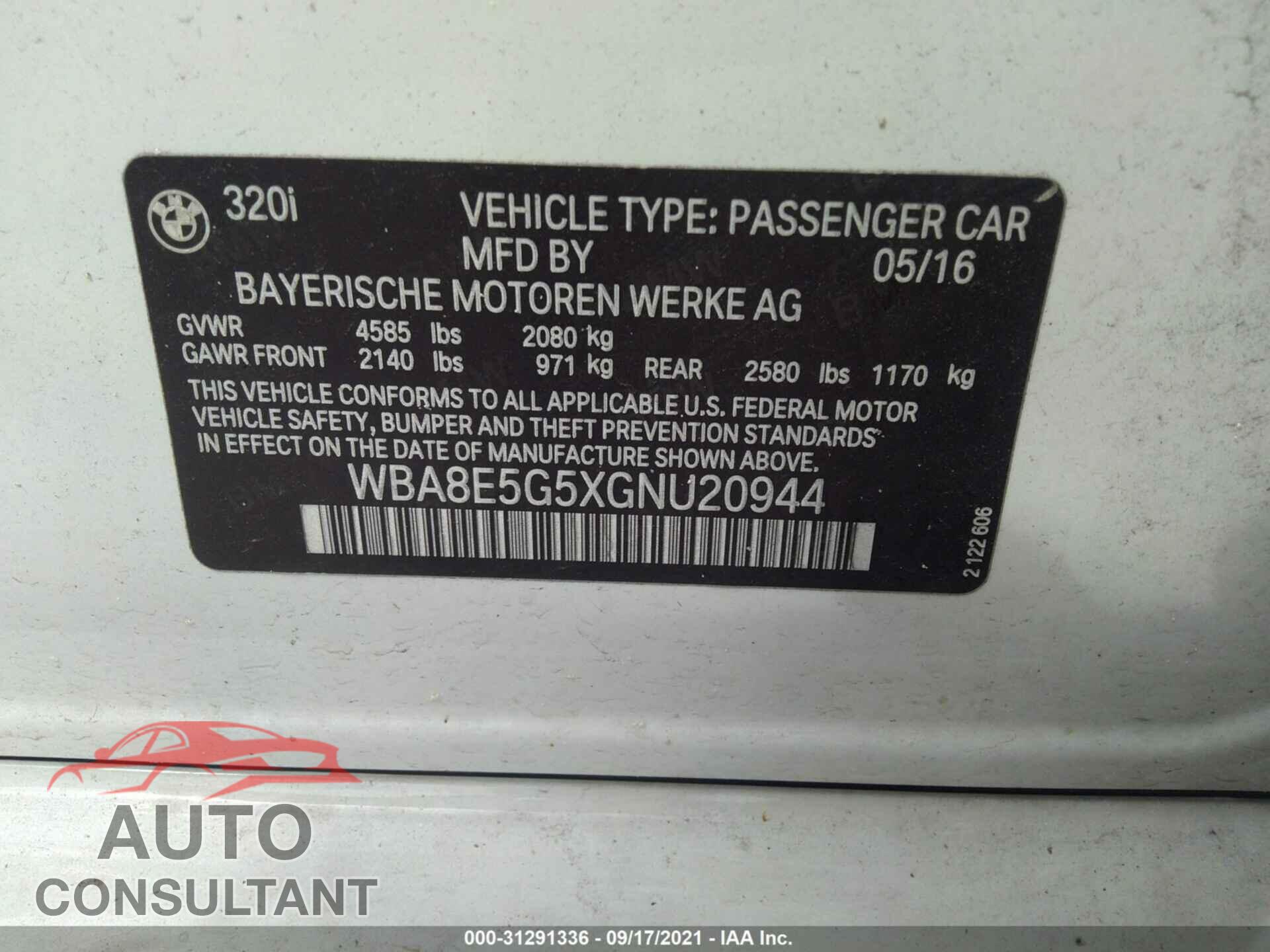BMW 3 SERIES 2016 - WBA8E5G5XGNU20944
