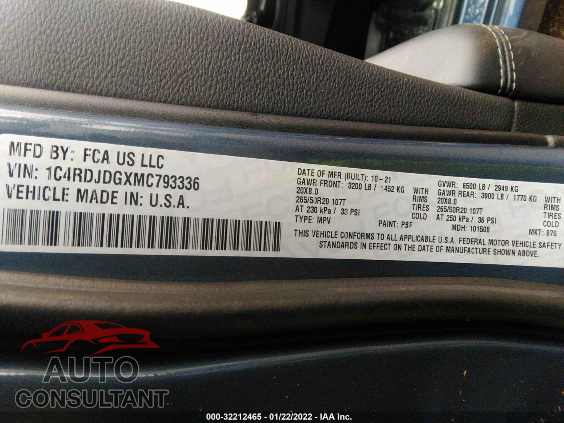 DODGE DURANGO 2021 - 1C4RDJDGXMC793336