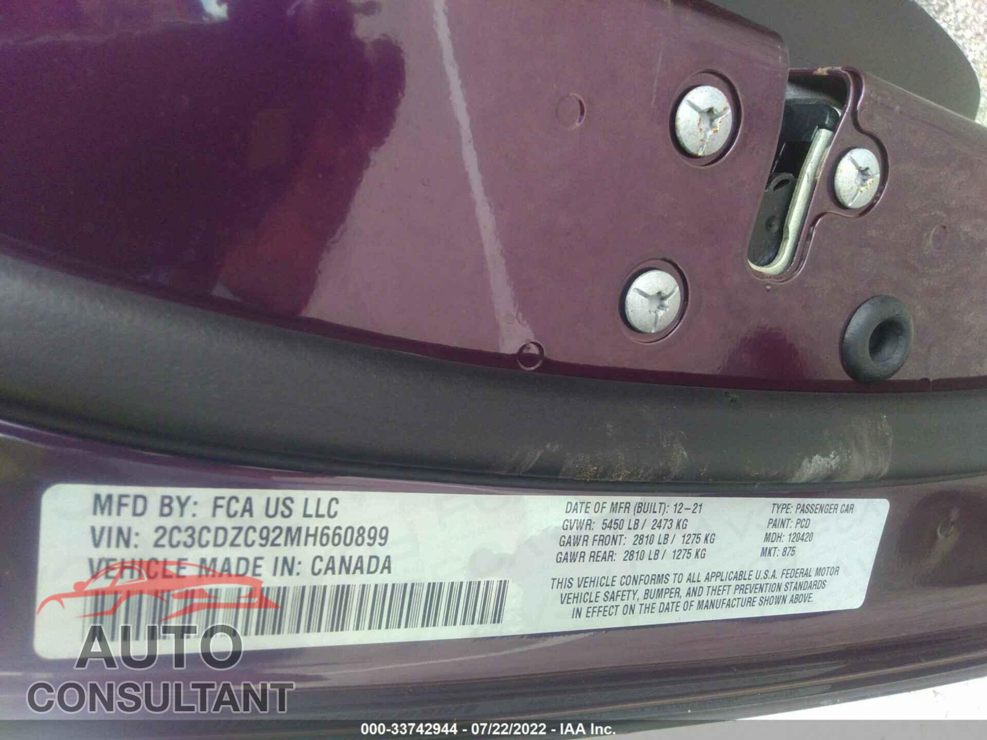 DODGE CHALLENGER 2021 - 2C3CDZC92MH660899