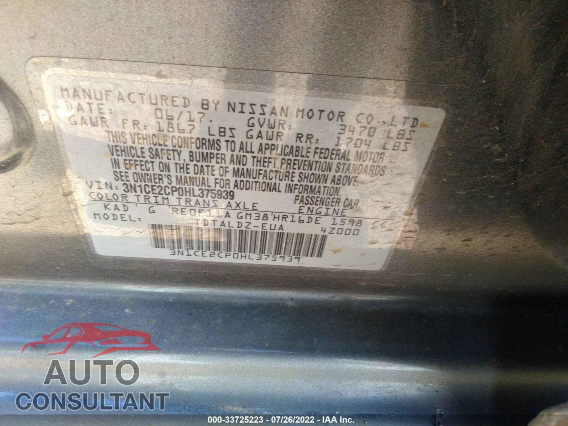 NISSAN VERSA NOTE 2017 - 3N1CE2CP0HL375939