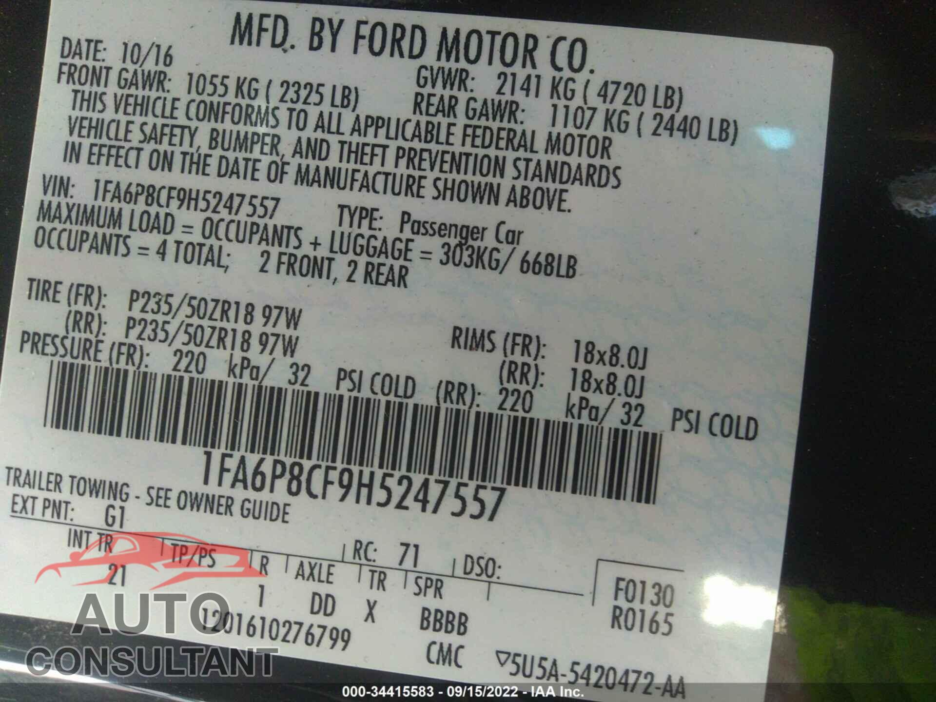 FORD MUSTANG 2017 - 1FA6P8CF9H5247557