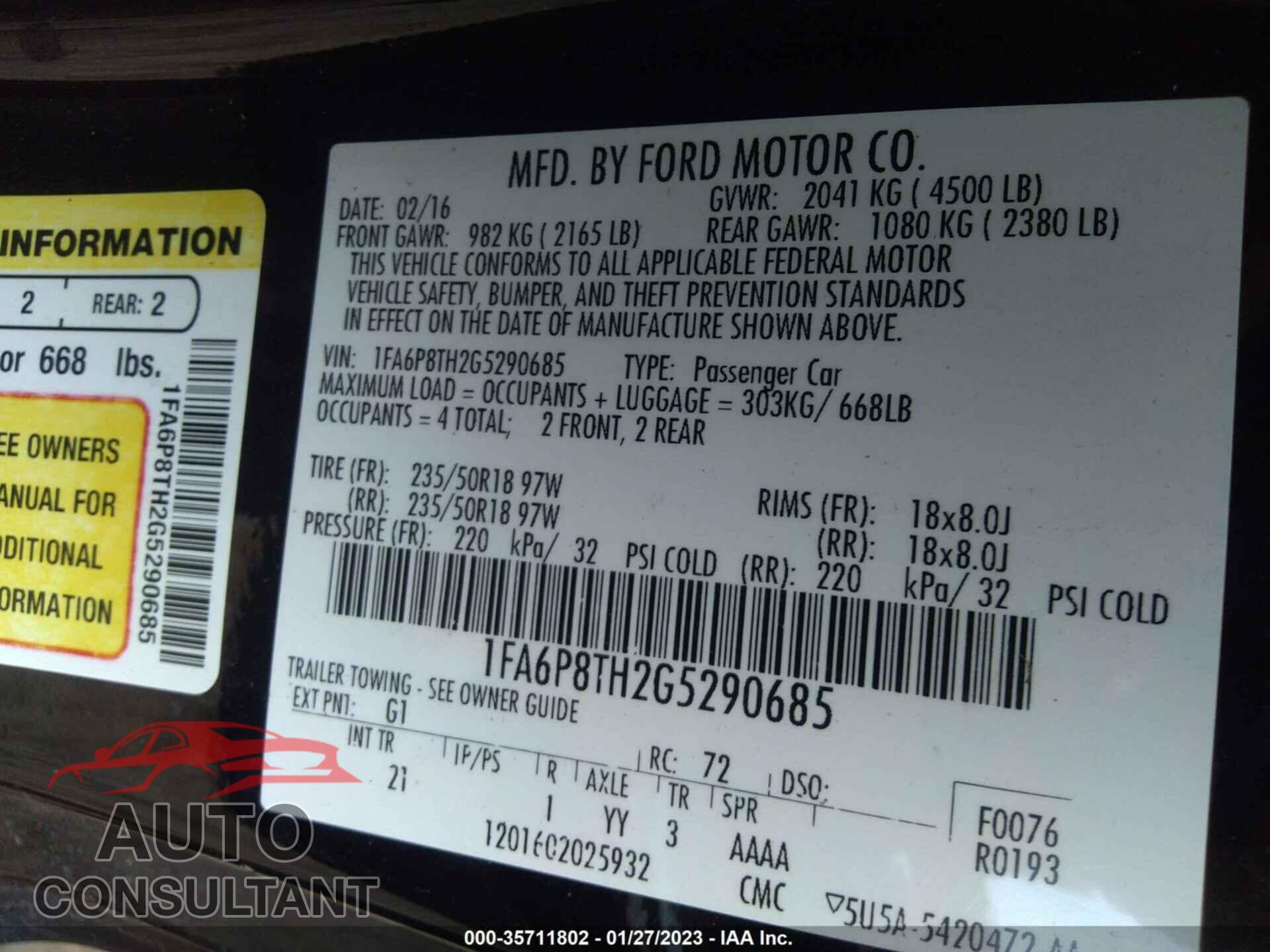 FORD MUSTANG 2016 - 1FA6P8TH2G5290685