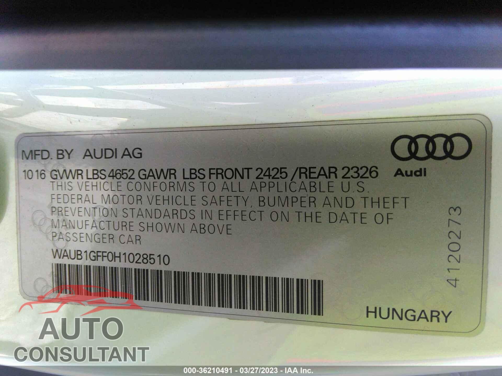 AUDI S3 2017 - WAUB1GFF0H1028510