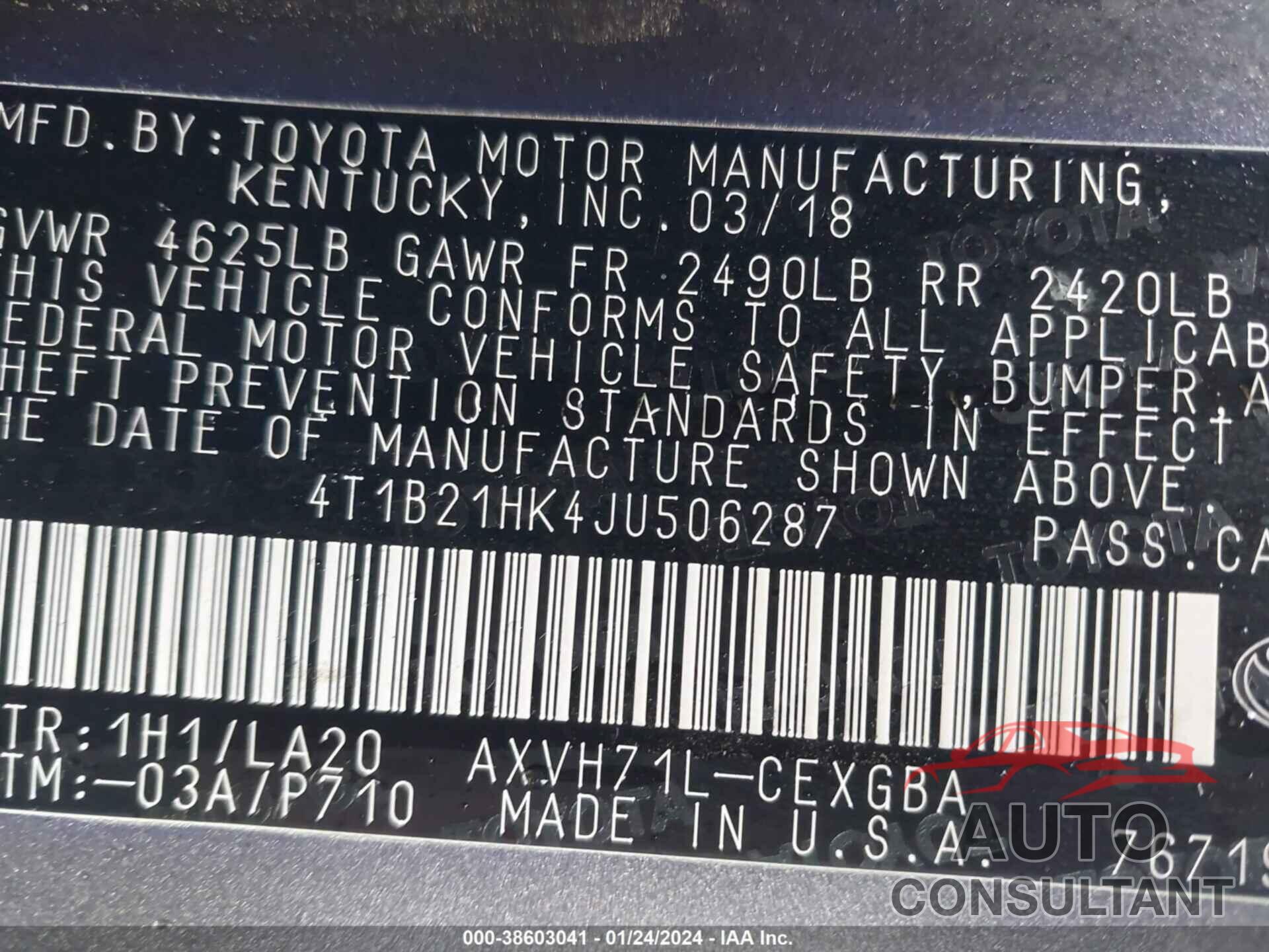 TOYOTA CAMRY HYBRID 2018 - 4T1B21HK4JU506287