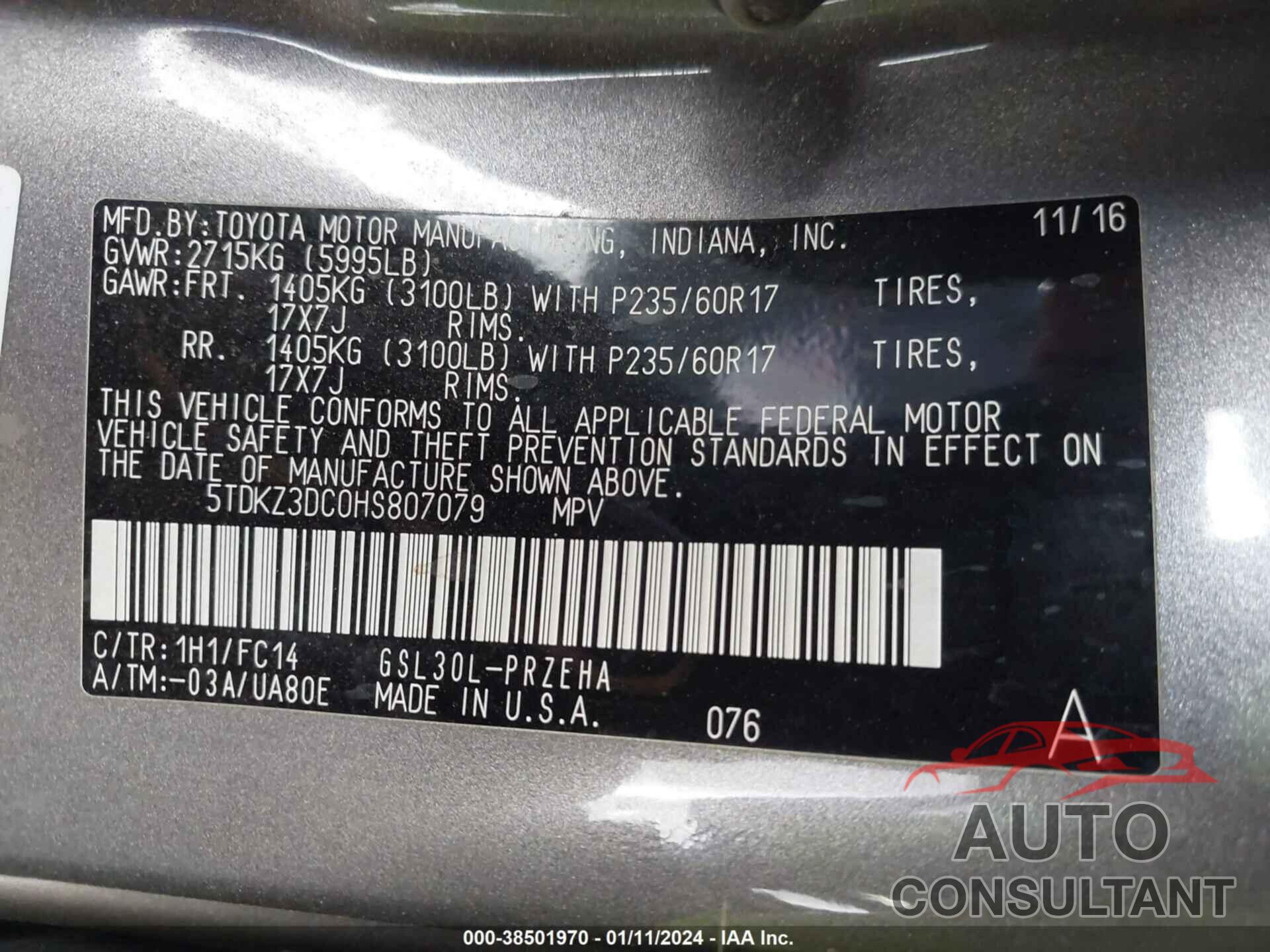 TOYOTA SIENNA 2017 - 5TDKZ3DC0HS807079