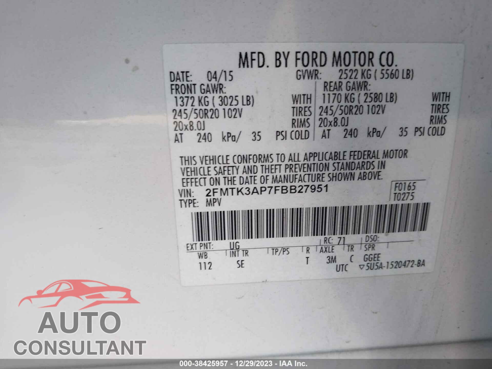 FORD EDGE 2015 - 2FMTK3AP7FBB27951