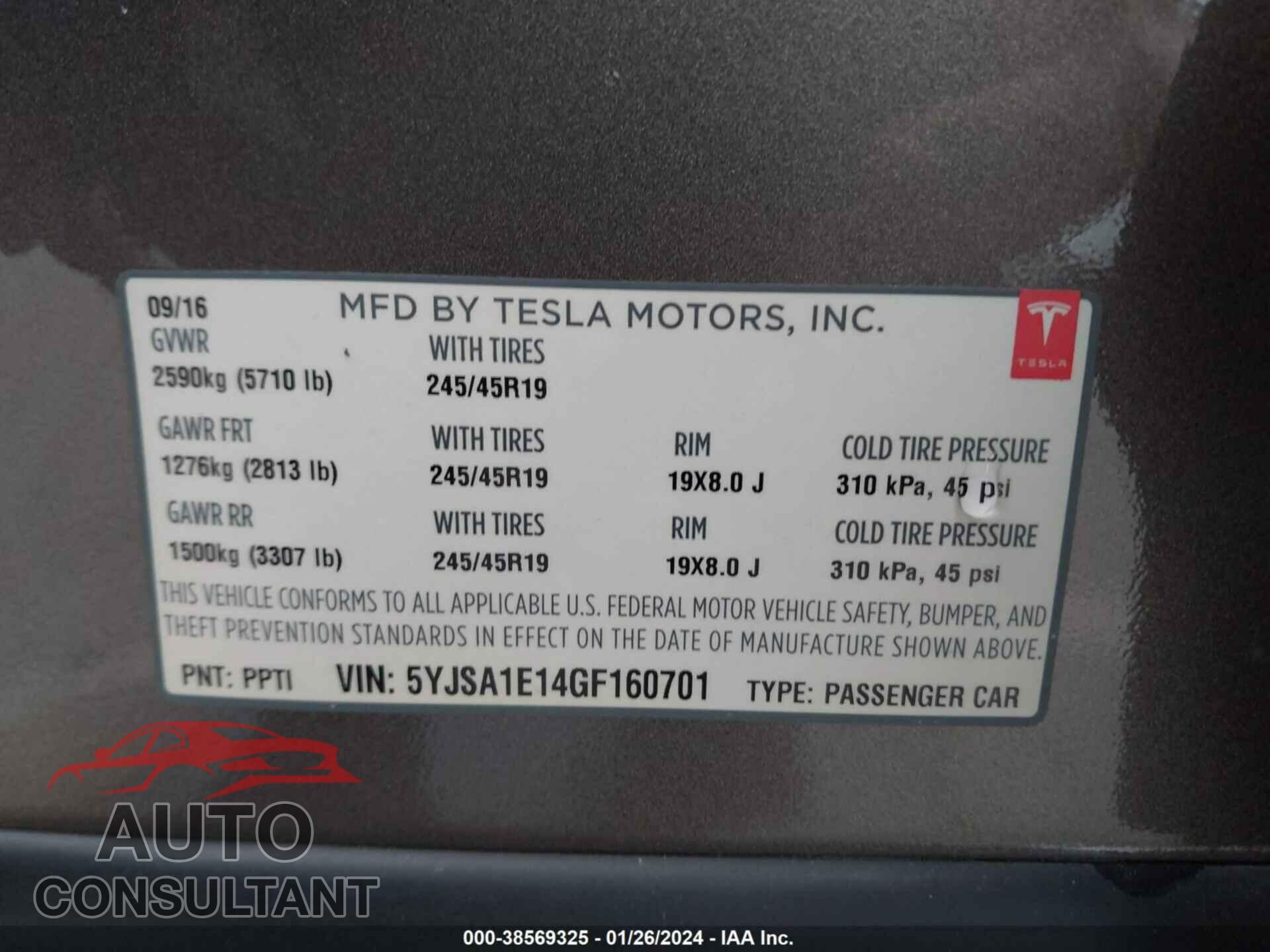 TESLA MODEL S 2016 - 5YJSA1E14GF160701