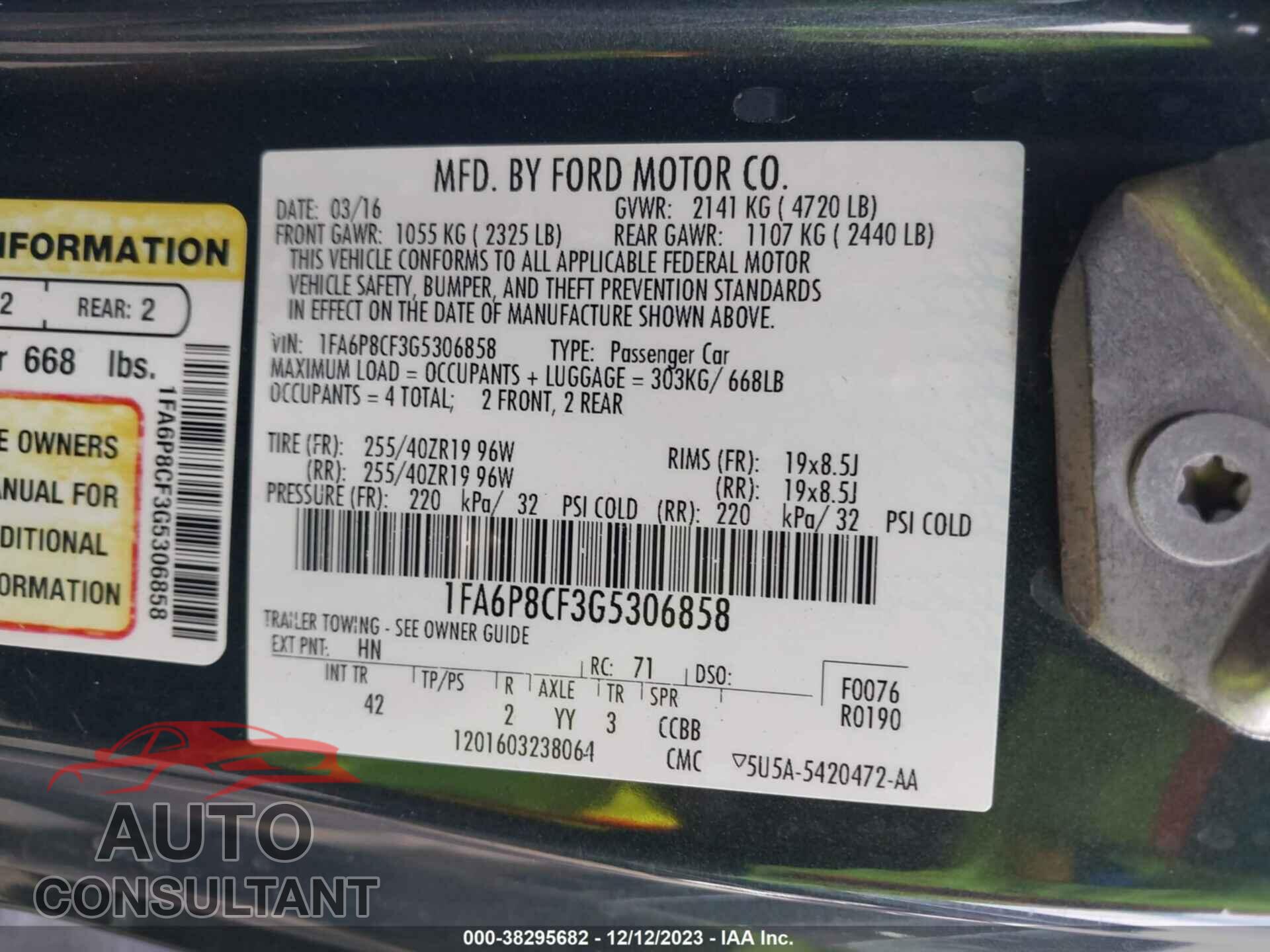FORD MUSTANG 2016 - 1FA6P8CF3G5306858
