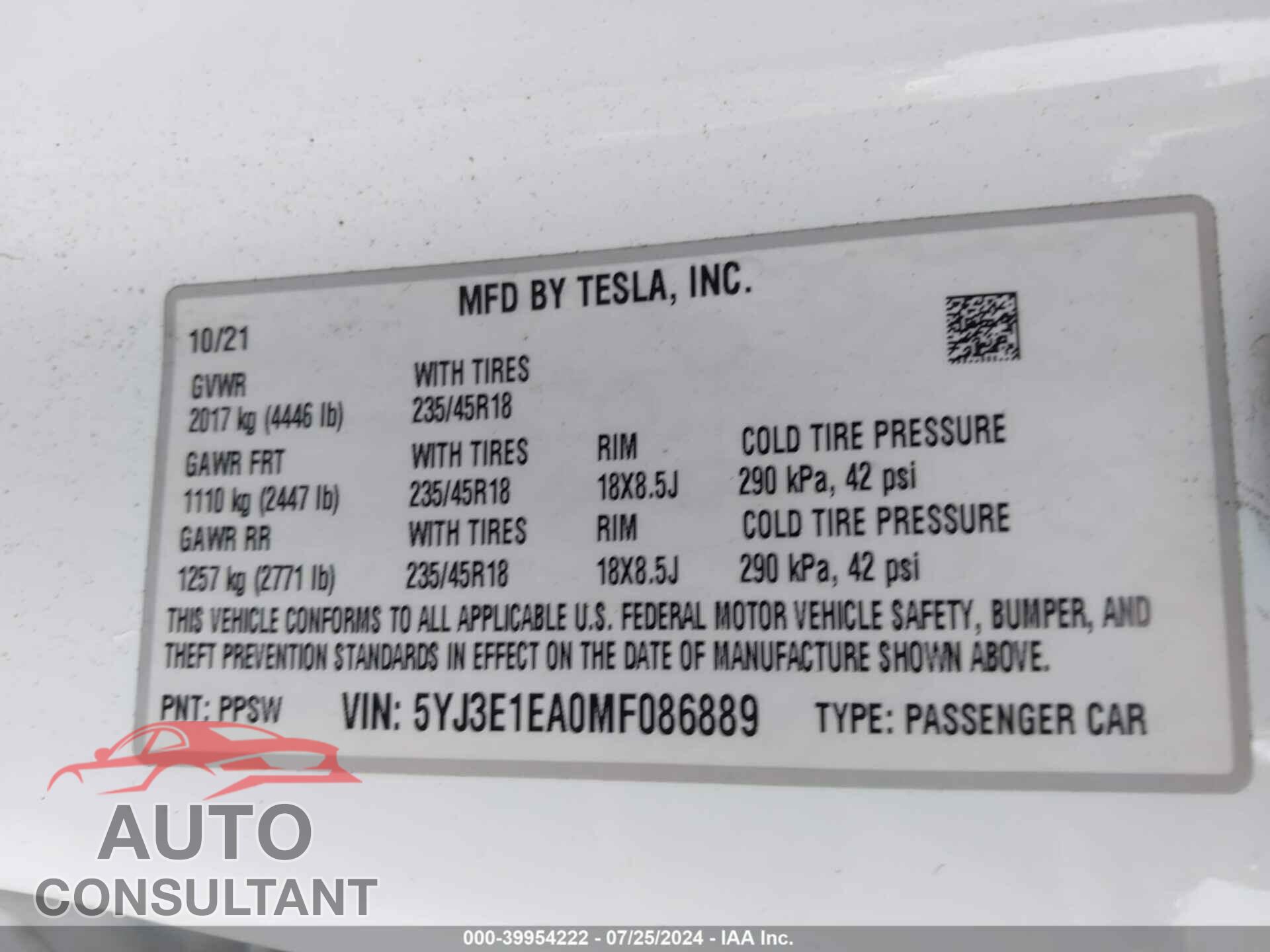 TESLA MODEL 3 2021 - 5YJ3E1EA0MF086889