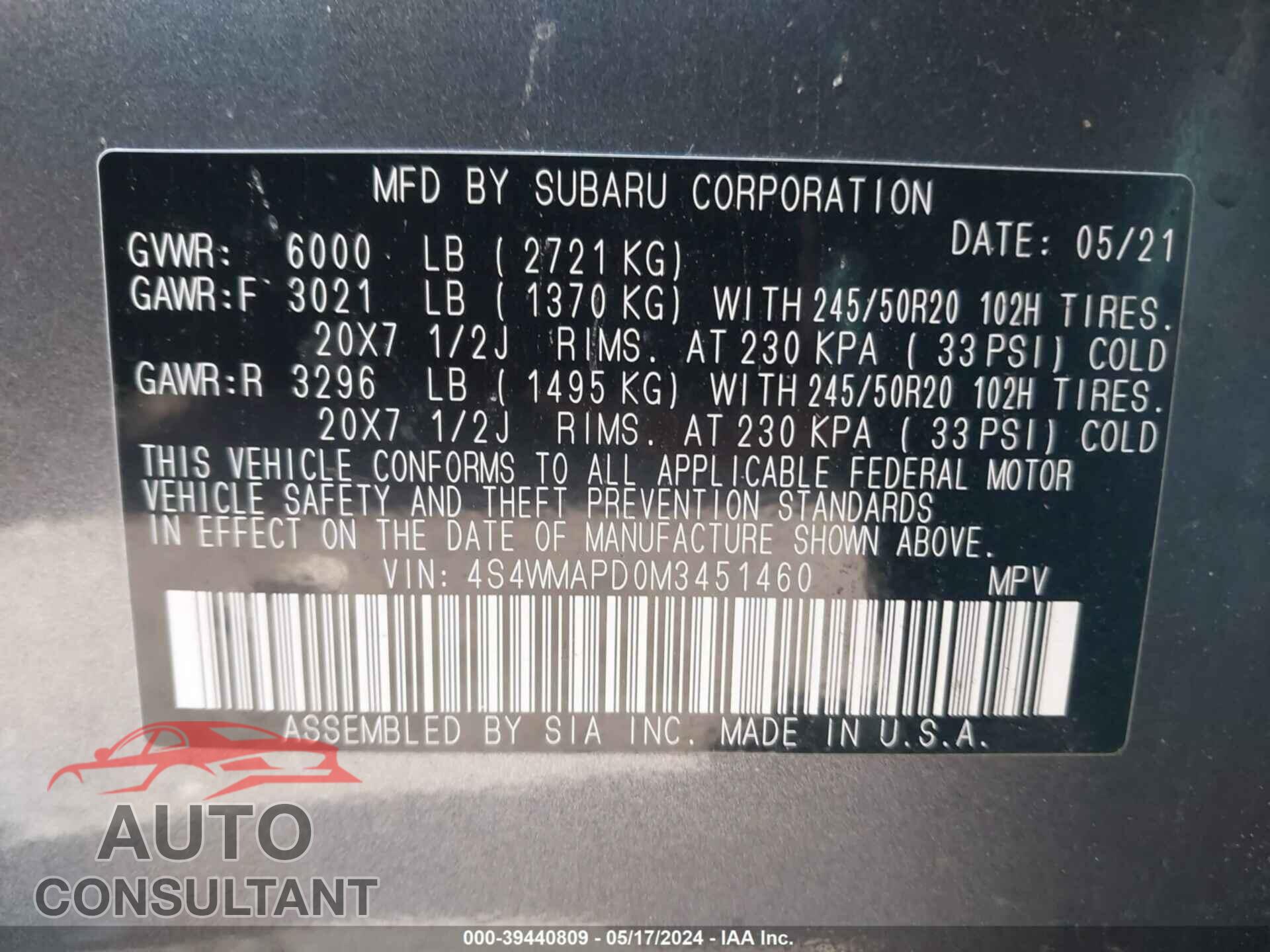 SUBARU ASCENT 2021 - 4S4WMAPD0M3451460