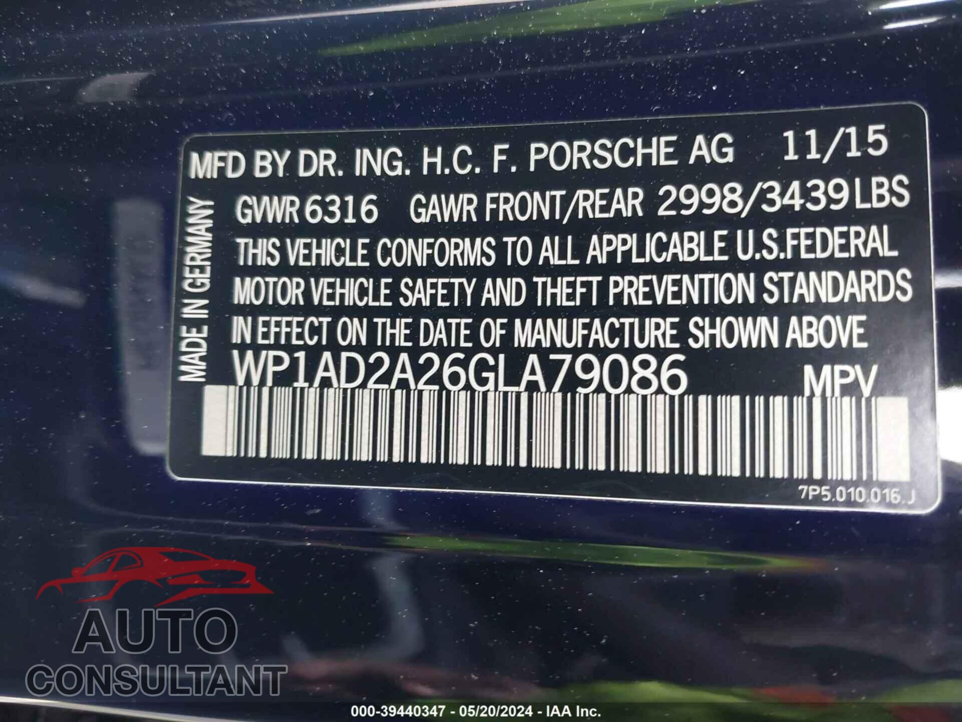 PORSCHE CAYENNE 2016 - WP1AD2A26GLA79086