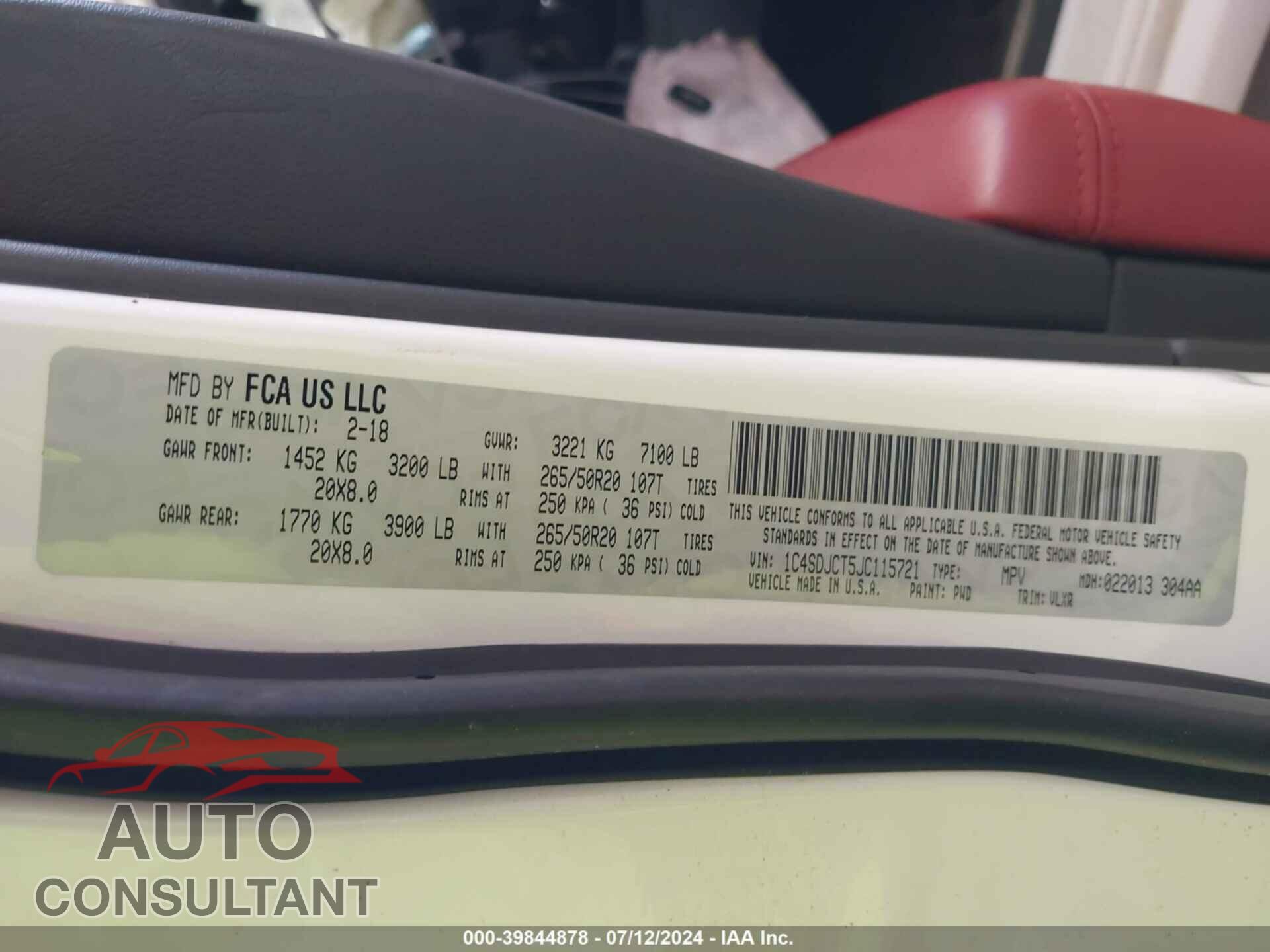 DODGE DURANGO 2018 - 1C4SDJCT5JC115721