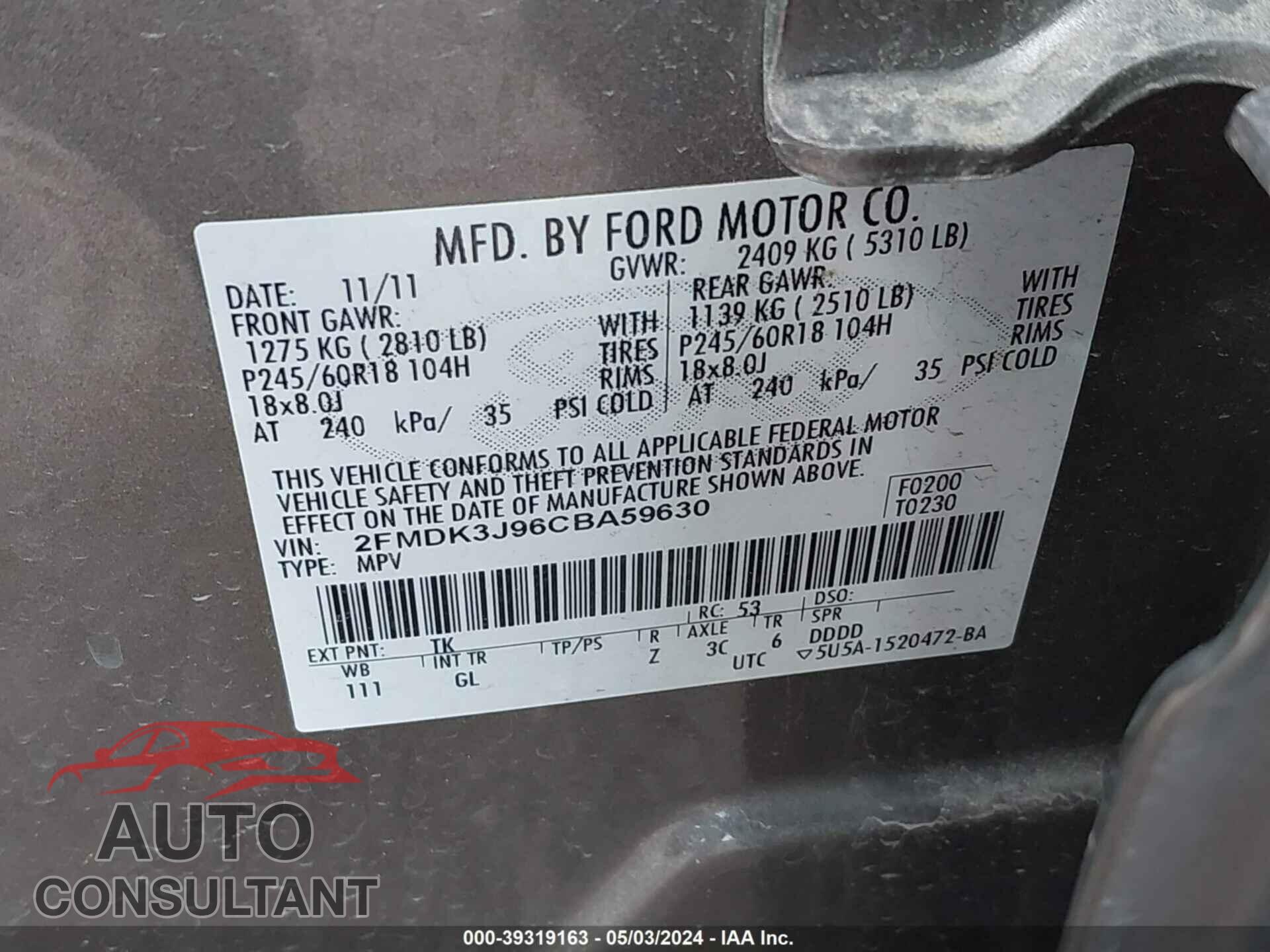 FORD EDGE 2012 - 2FMDK3J96CBA59630