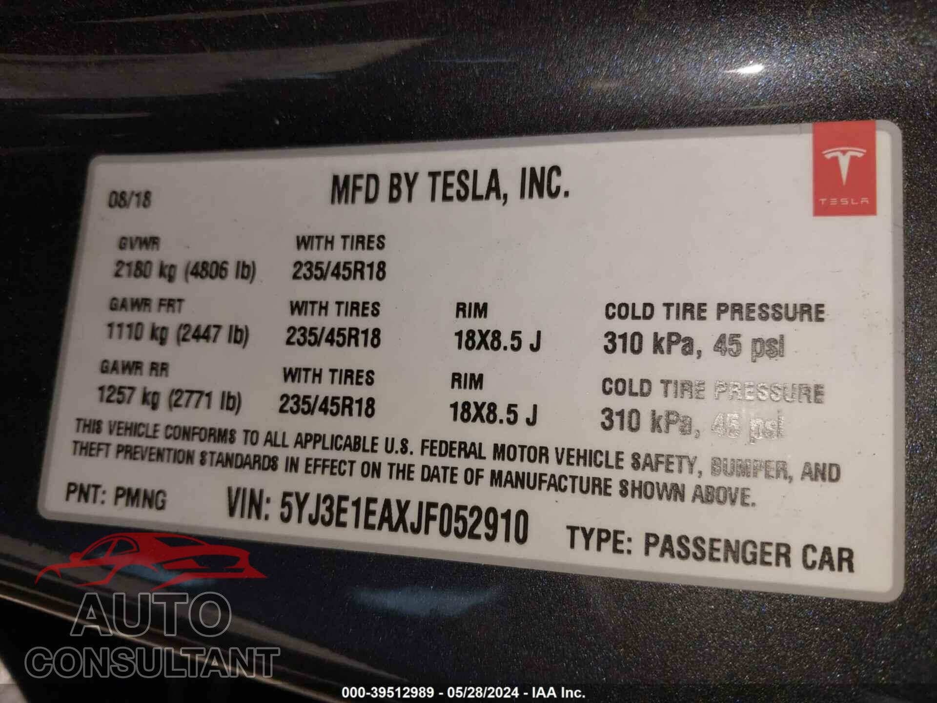 TESLA MODEL 3 2018 - 5YJ3E1EAXJF052910