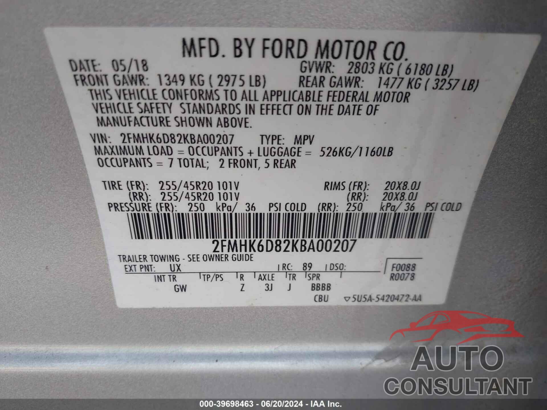 FORD FLEX 2019 - 2FMHK6D82KBA00207