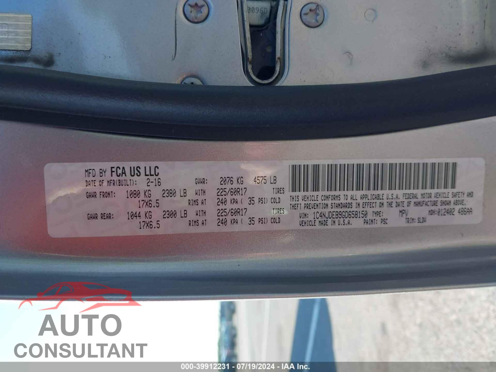 JEEP COMPASS 2016 - 1C4NJDEB9GD658150