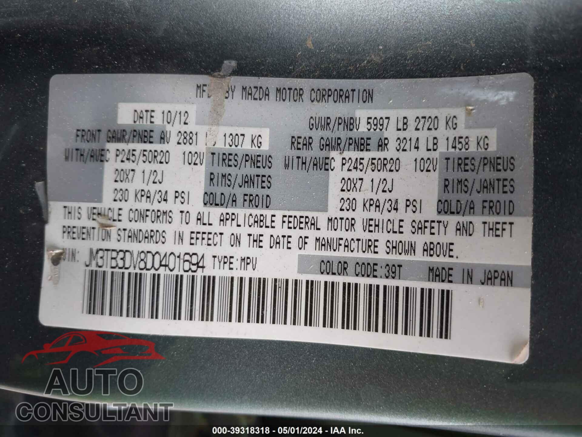 MAZDA CX-9 2013 - JM3TB3DV8D0401694
