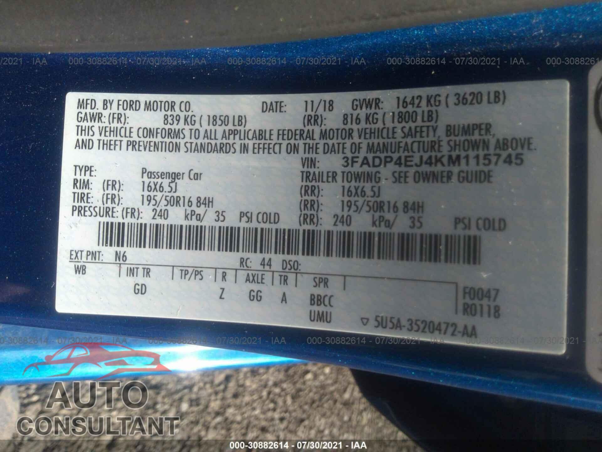 FORD FIESTA 2019 - 3FADP4EJ4KM115745