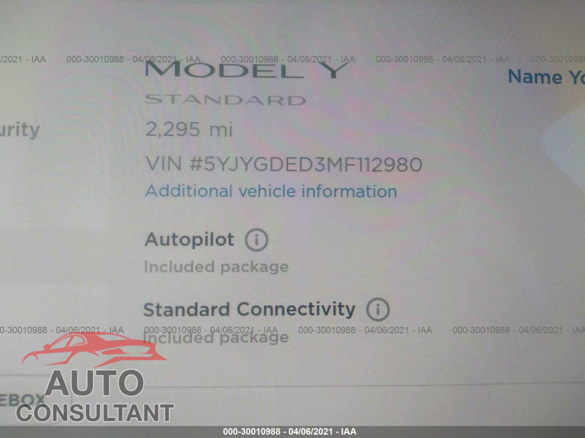 TESLA MODEL Y 2021 - 5YJYGDED3MF112980