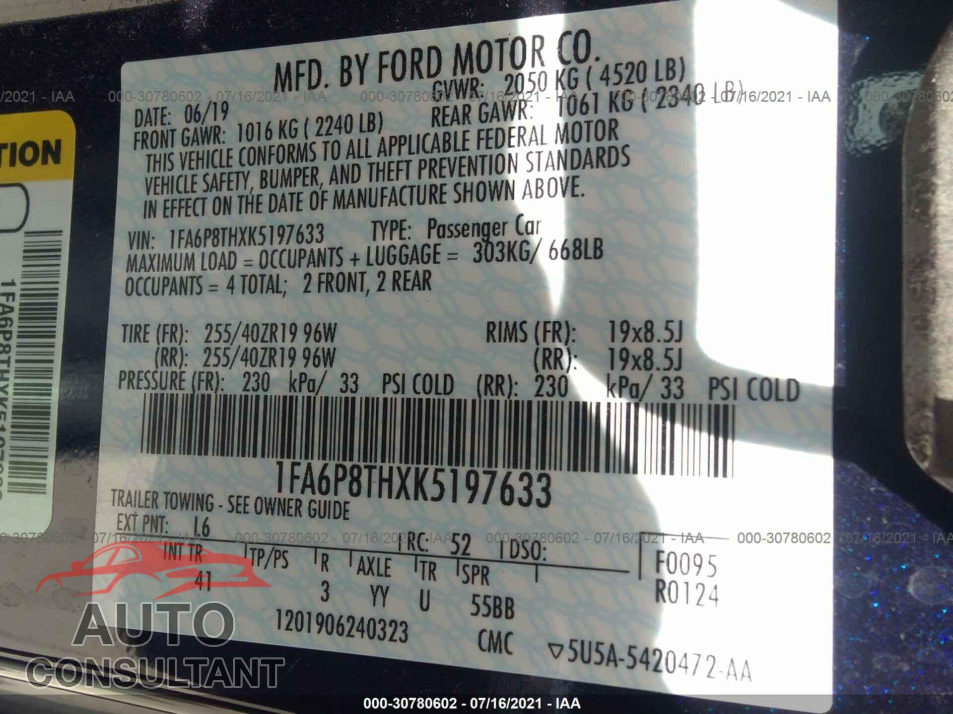 FORD MUSTANG 2019 - 1FA6P8THXK5197633