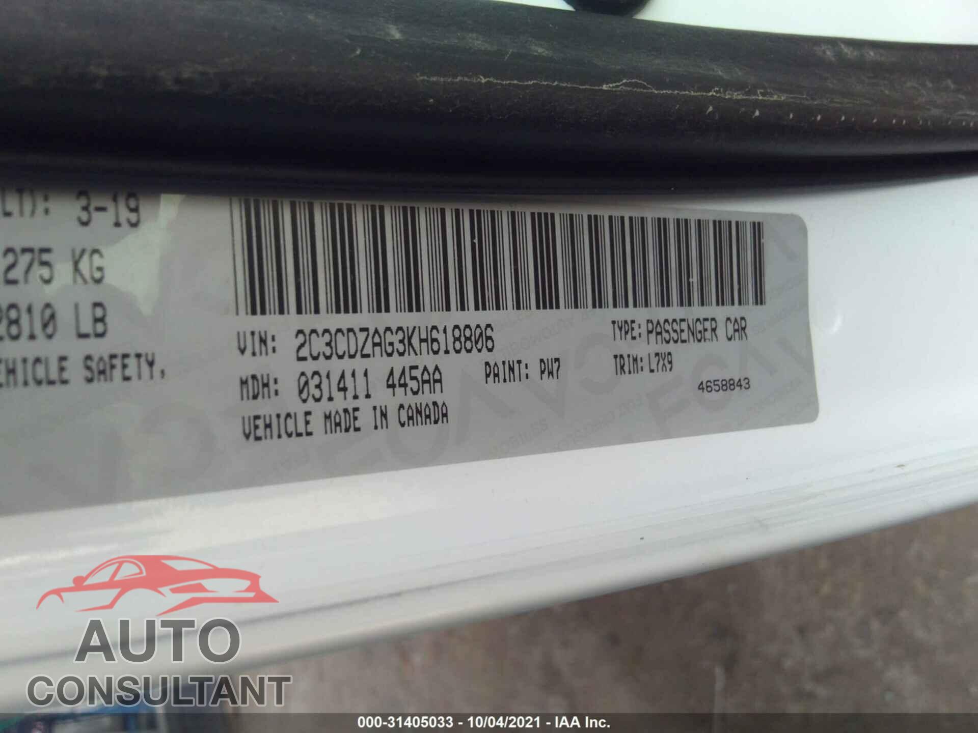 DODGE CHALLENGER 2019 - 2C3CDZAG3KH618806