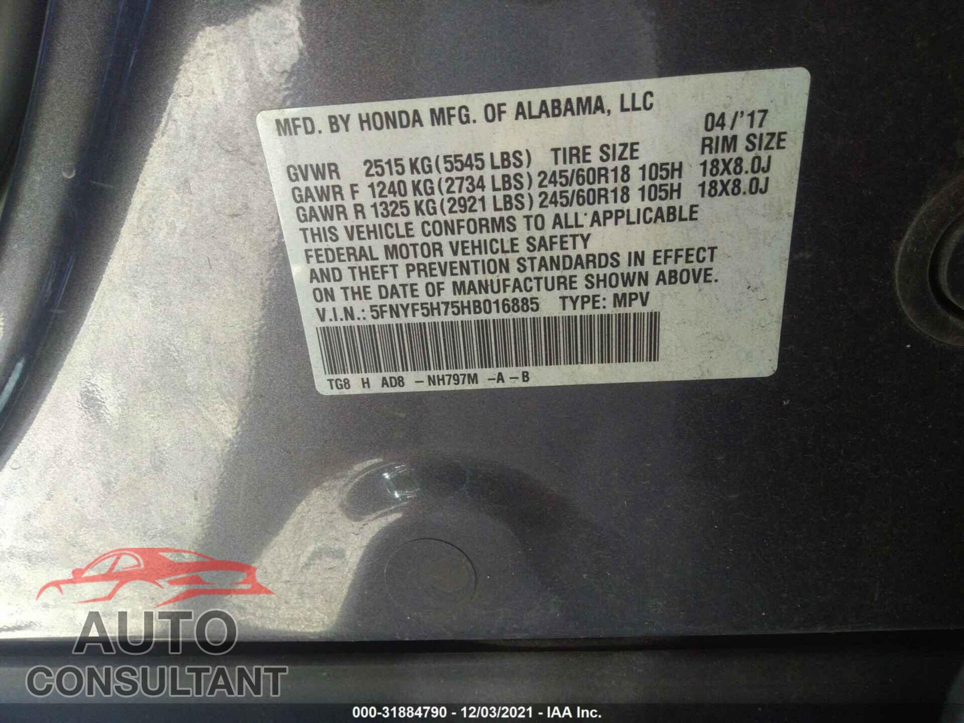 HONDA PILOT 2017 - 5FNYF5H75HB016885