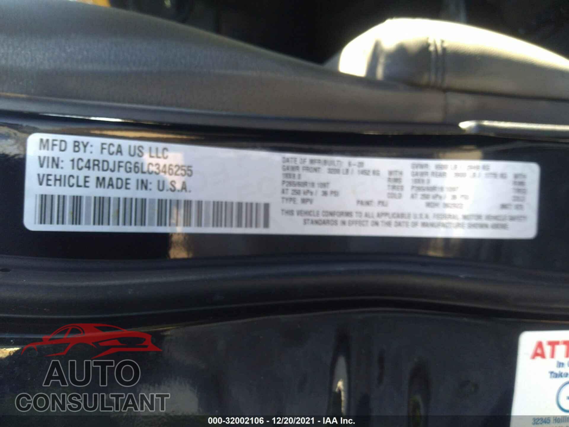 DODGE DURANGO 2020 - 1C4RDJFG6LC346255