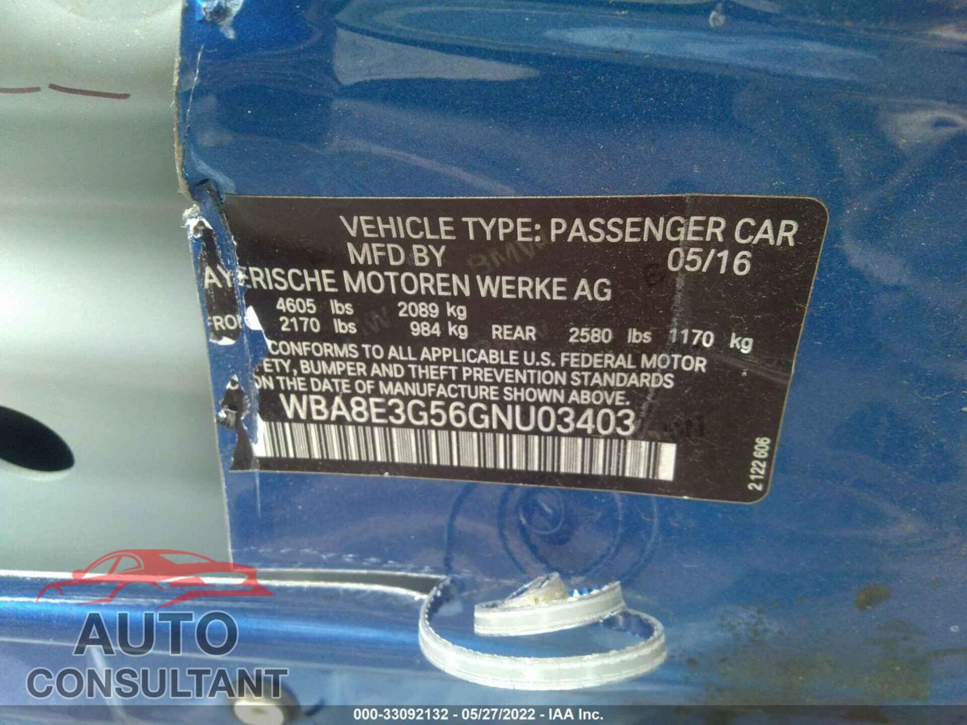 BMW 3 SERIES 2016 - WBA8E3G56GNU03403