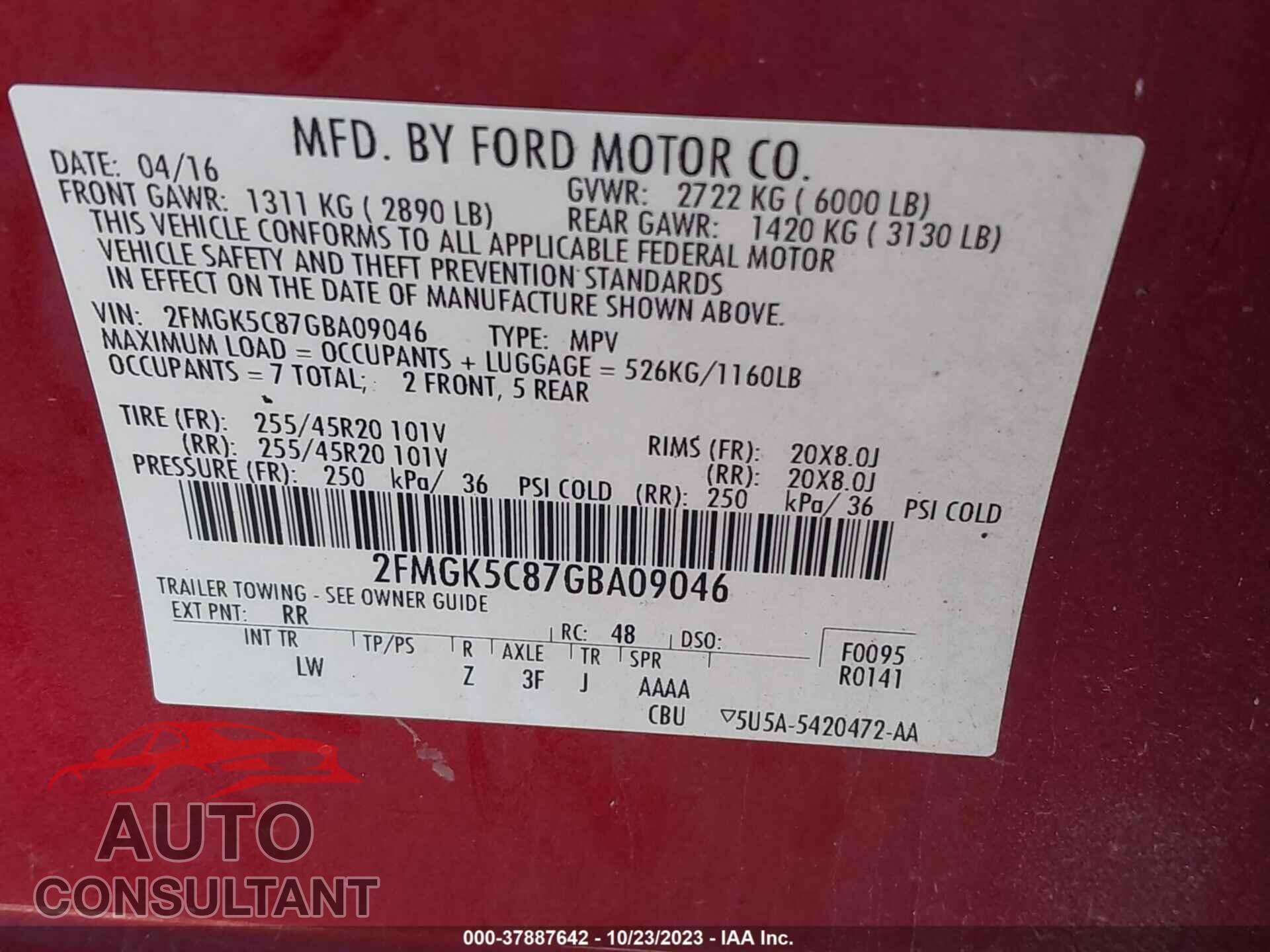 FORD FLEX 2016 - 2FMGK5C87GBA09046
