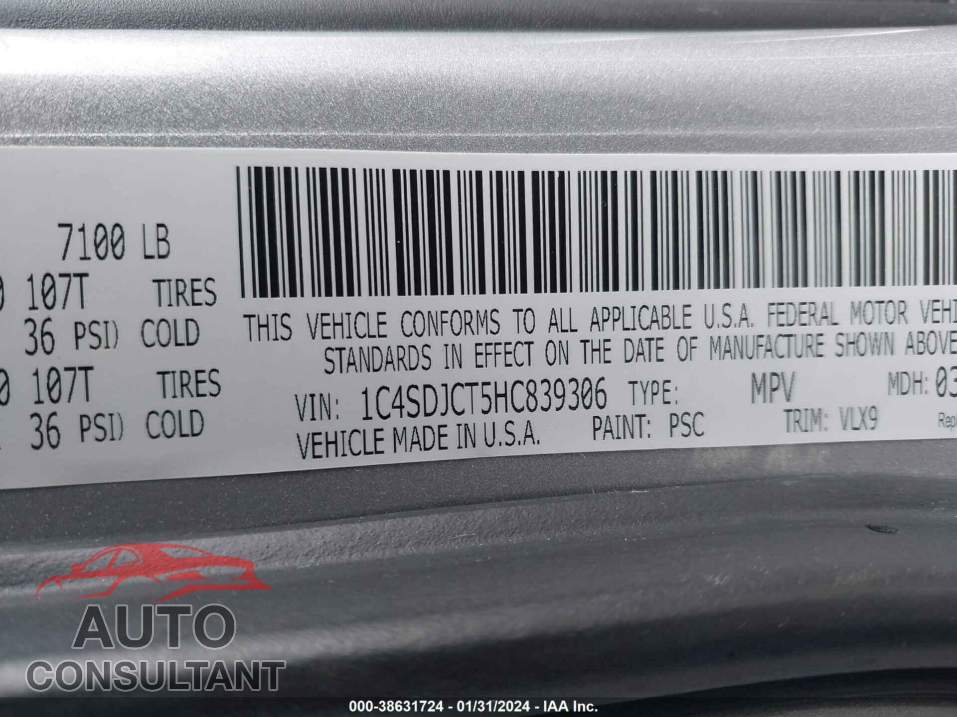 DODGE DURANGO 2017 - 1C4SDJCT5HC839306