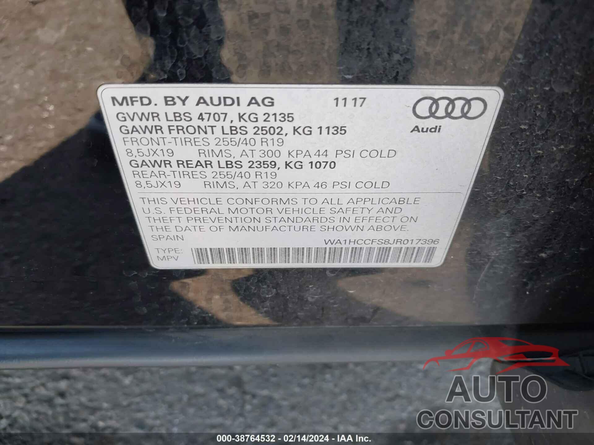 AUDI Q3 2018 - WA1HCCFS8JR017396