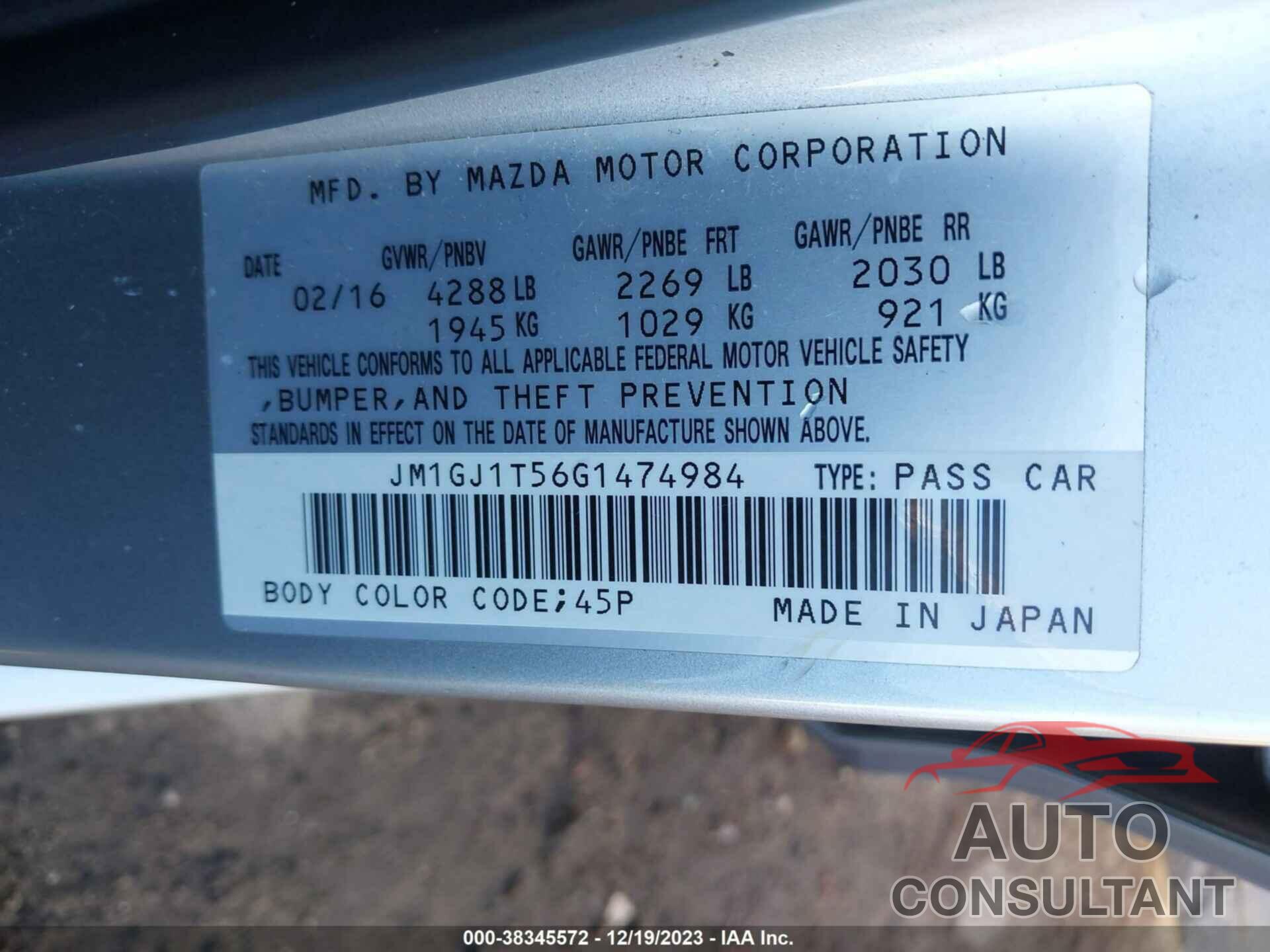 MAZDA 6 2016 - JM1GJ1T56G1474984