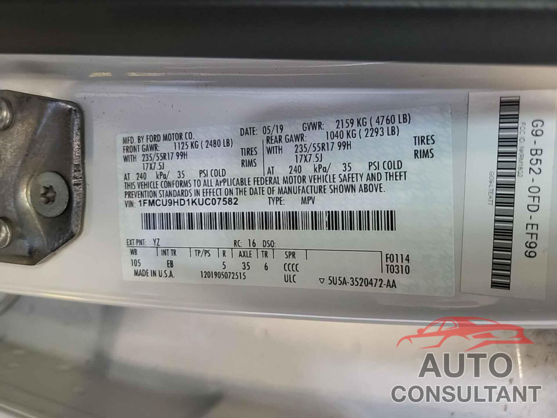 FORD ESCAPE 2019 - 1FMCU9HD1KUC07582
