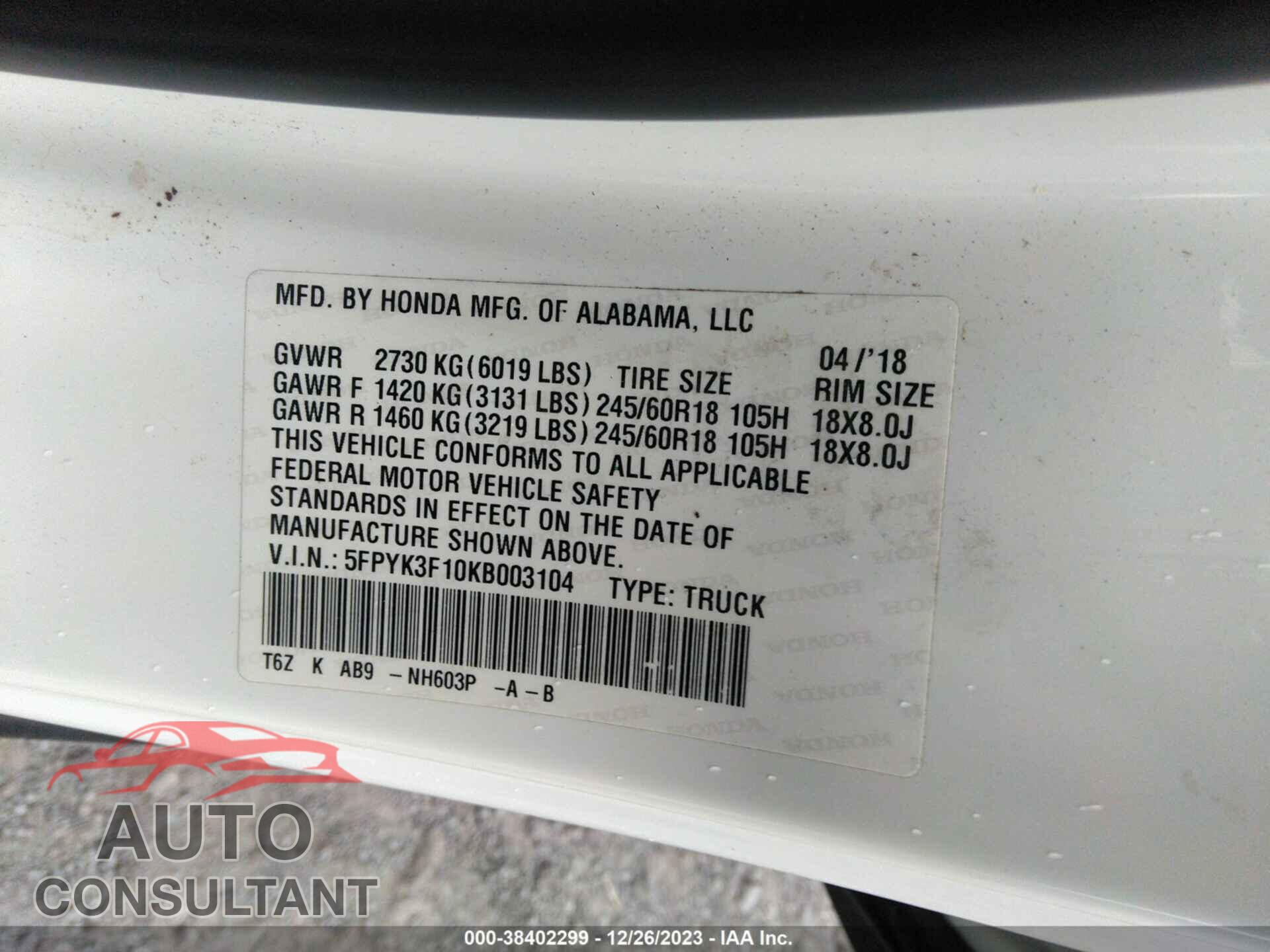 HONDA RIDGELINE 2019 - 5FPYK3F10KB003104