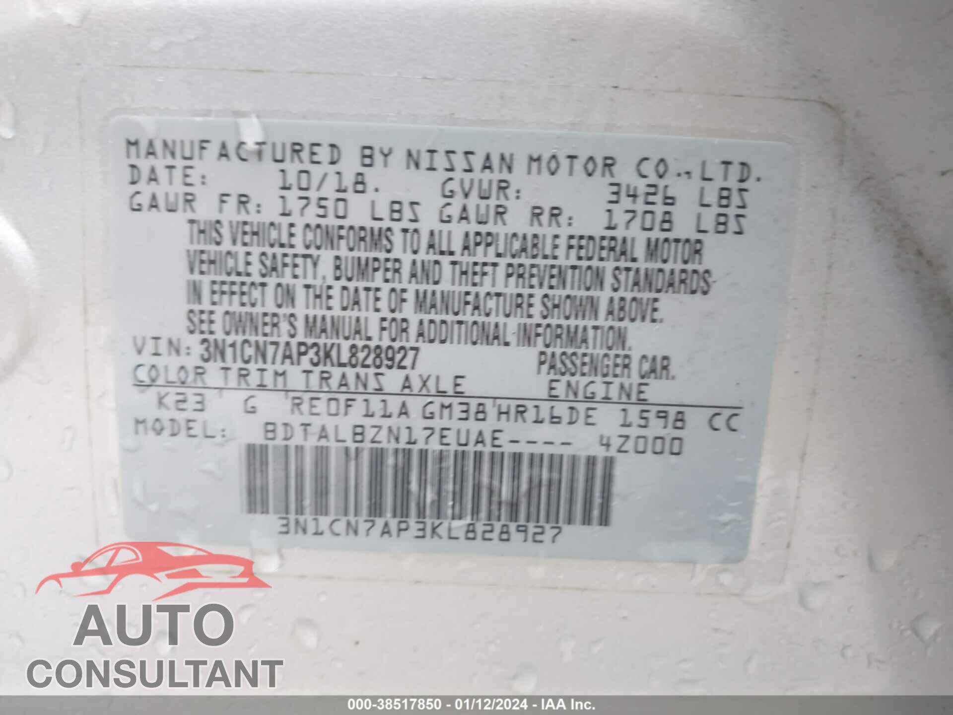 NISSAN VERSA 2019 - 3N1CN7AP3KL828927