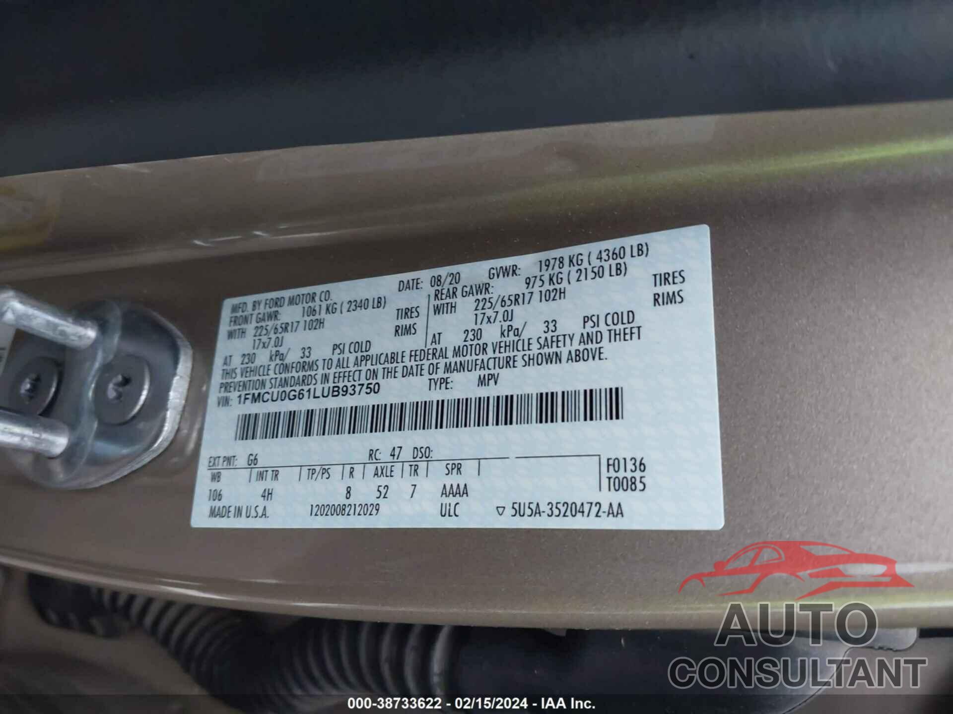 FORD ESCAPE 2020 - 1FMCU0G61LUB93750