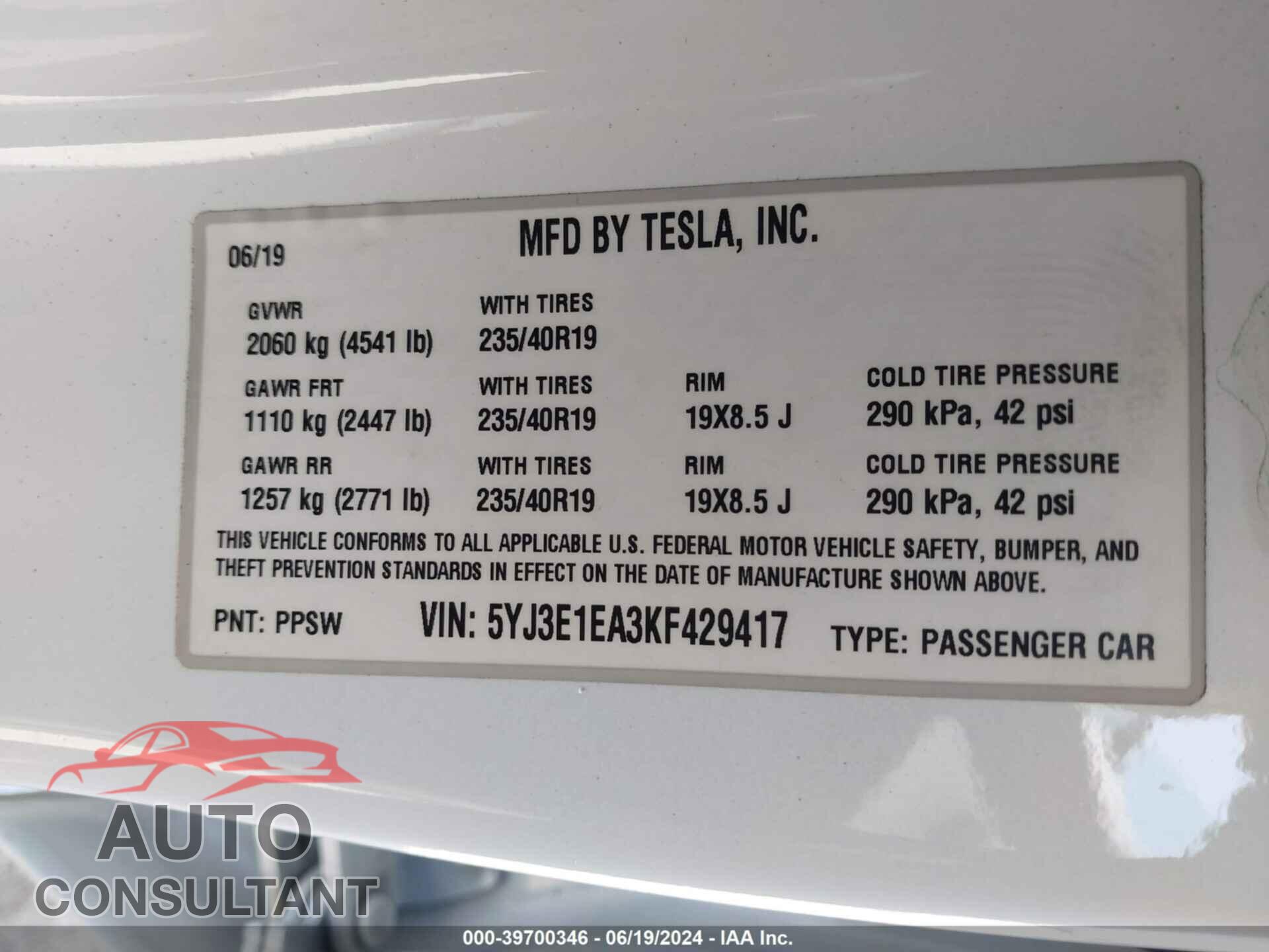 TESLA MODEL 3 2019 - 5YJ3E1EA3KF429417
