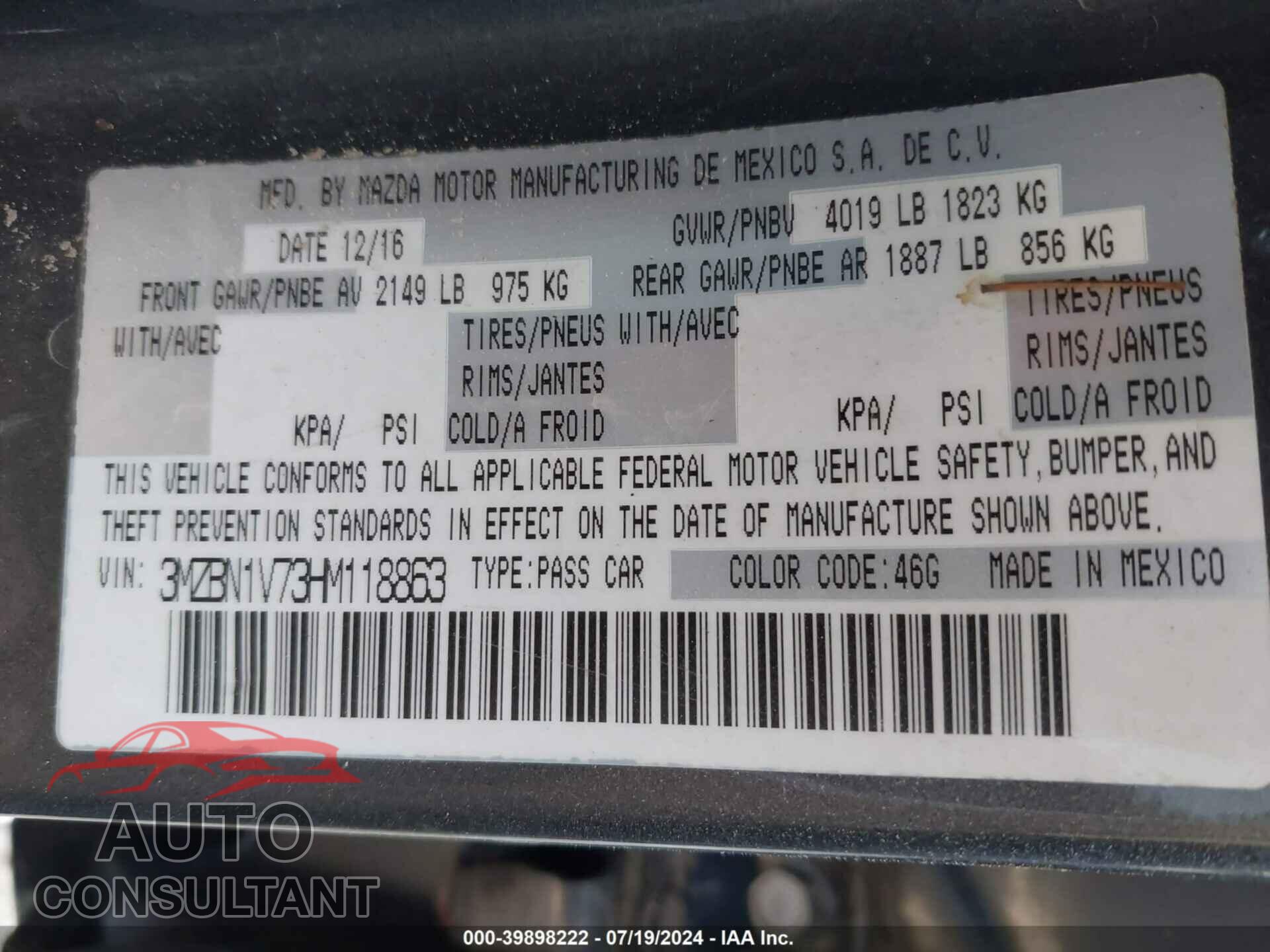 MAZDA MAZDA3 2017 - 3MZBN1V73HM118863