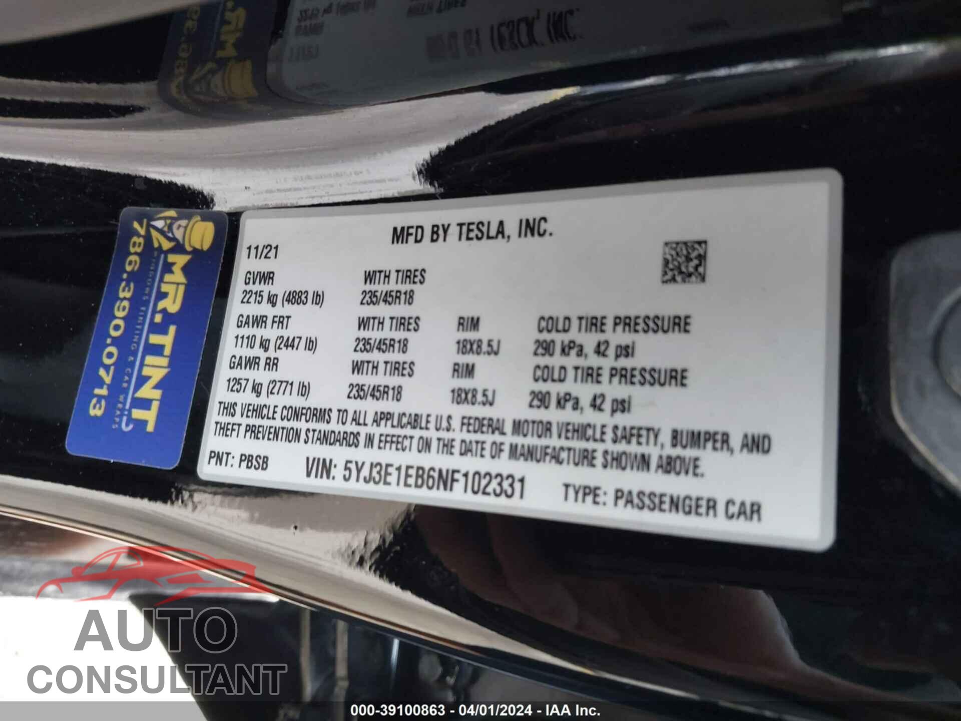TESLA MODEL 3 2022 - 5YJ3E1EB6NF102331
